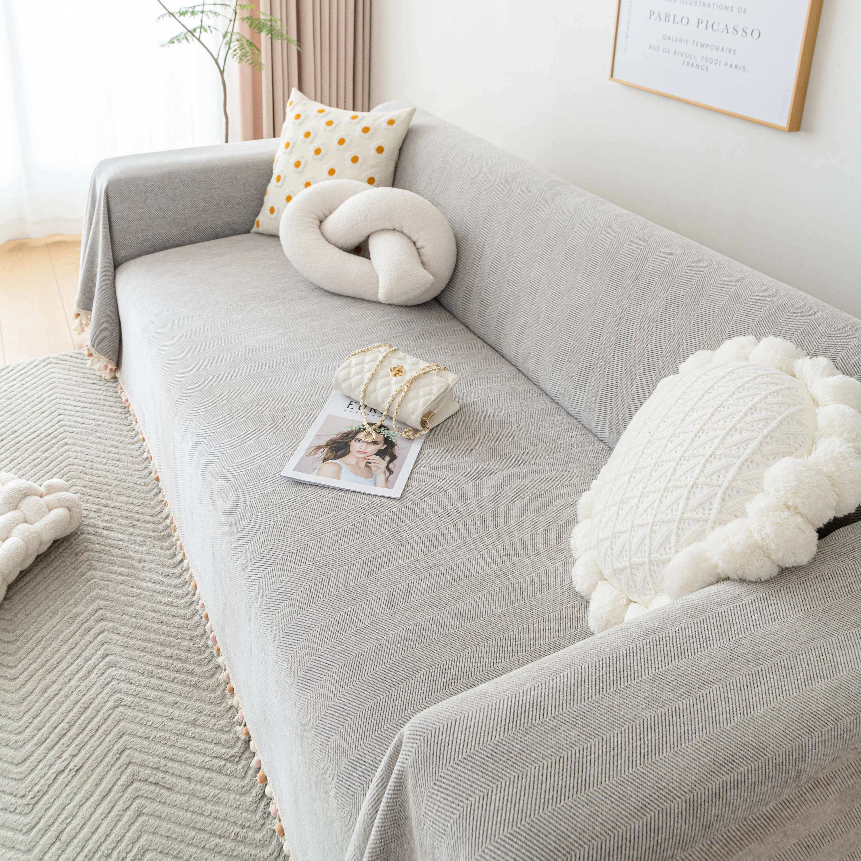 Couch Cover Sectional L Shape Chenille Herringbone Couch Throw Cover with Tassel Pom-Poms for Pets - Image 89