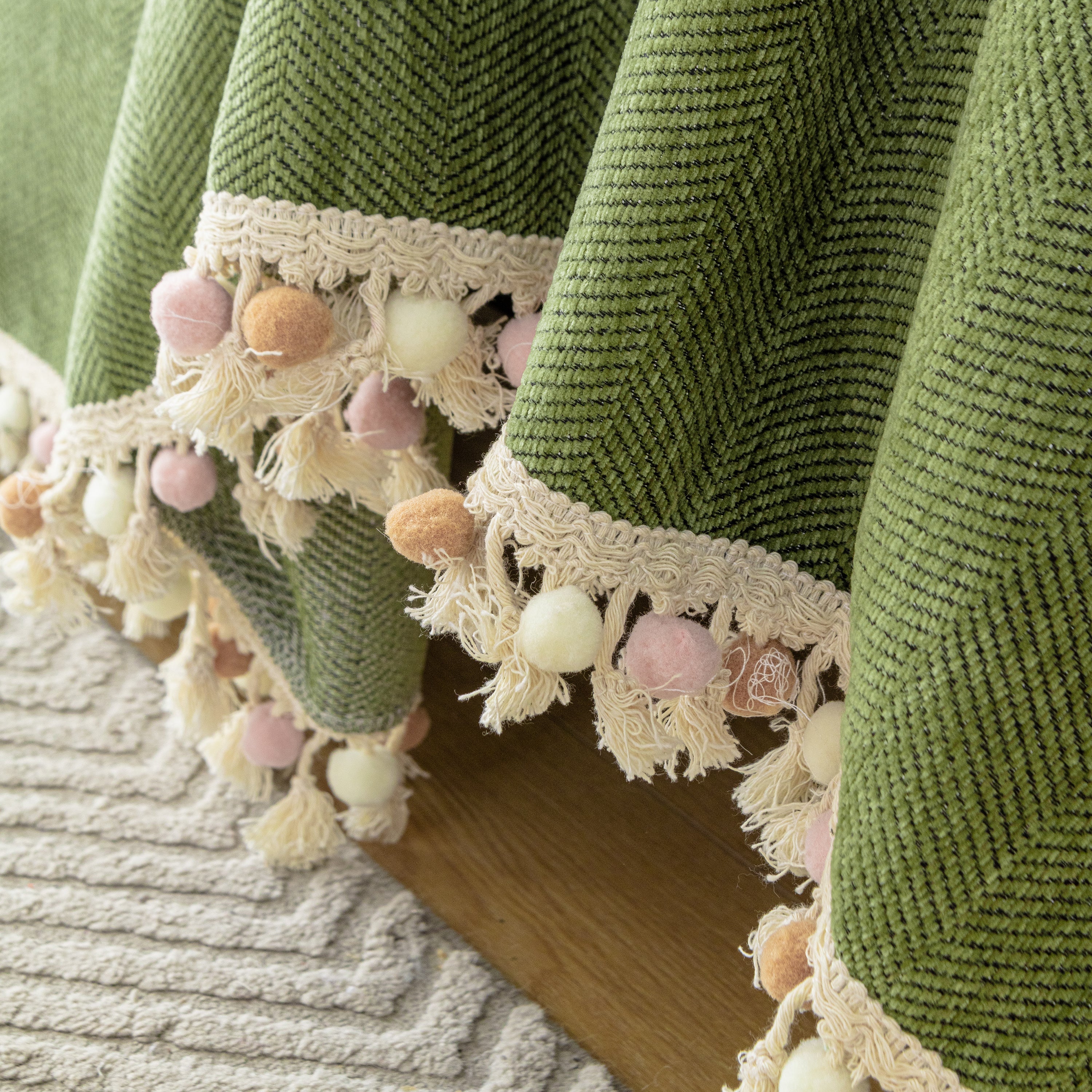 Couch Cover Sectional L Shape Chenille Herringbone Couch Throw Cover with Tassel Pom-Poms for Pets - Image 9