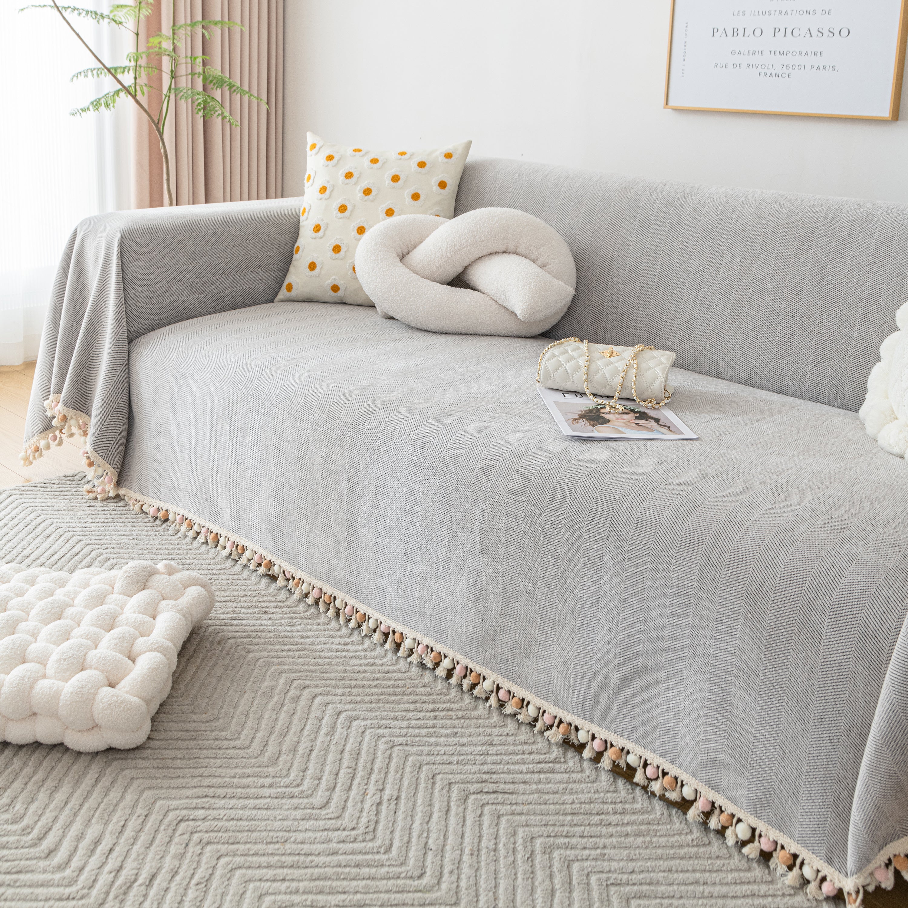Couch Cover Sectional L Shape Chenille Herringbone Couch Throw Cover with Tassel Pom-Poms for Pets - Image 90