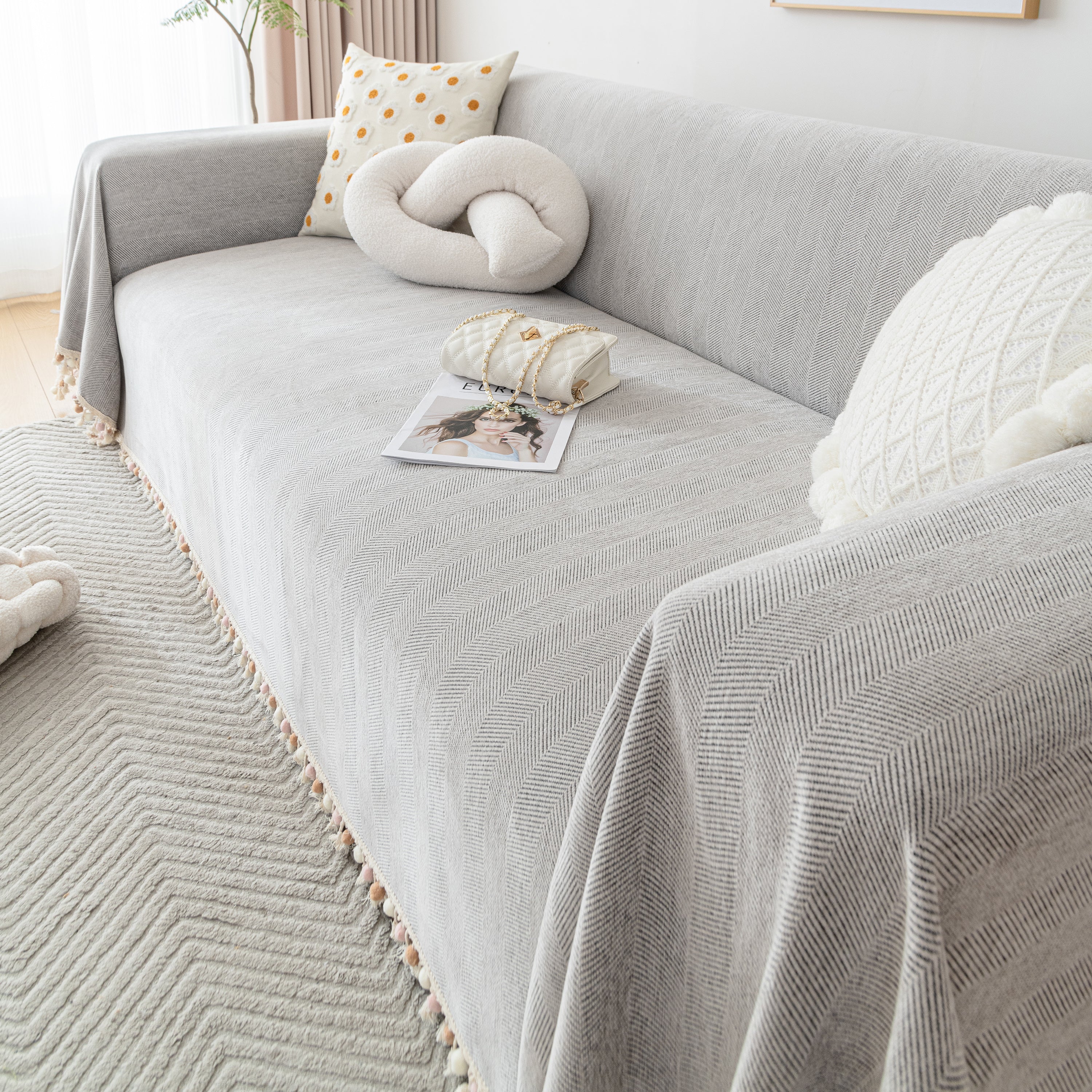 Couch Cover Sectional L Shape Chenille Herringbone Couch Throw Cover with Tassel Pom-Poms for Pets - Image 91