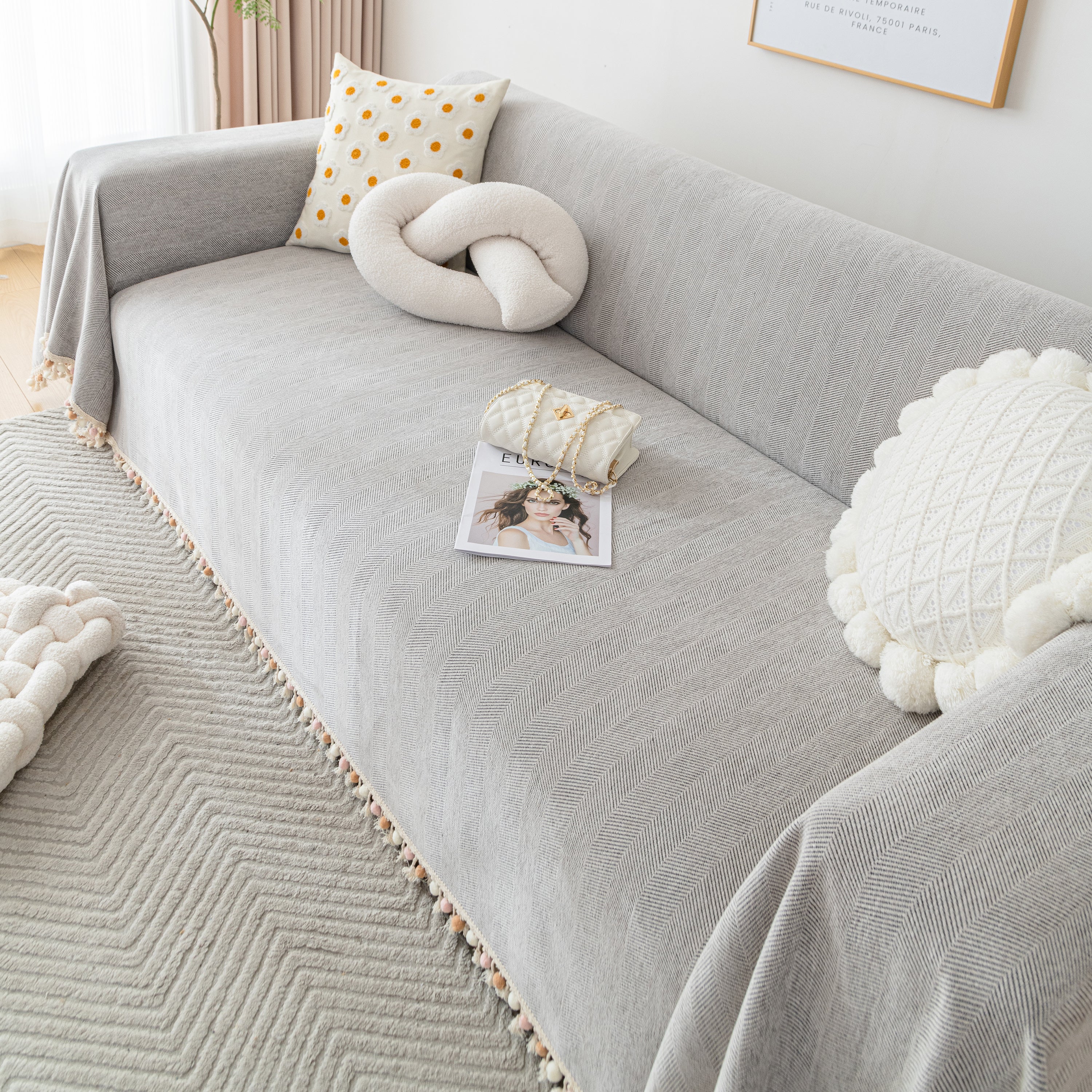 Couch Cover Sectional L Shape Chenille Herringbone Couch Throw Cover with Tassel Pom-Poms for Pets - Image 92