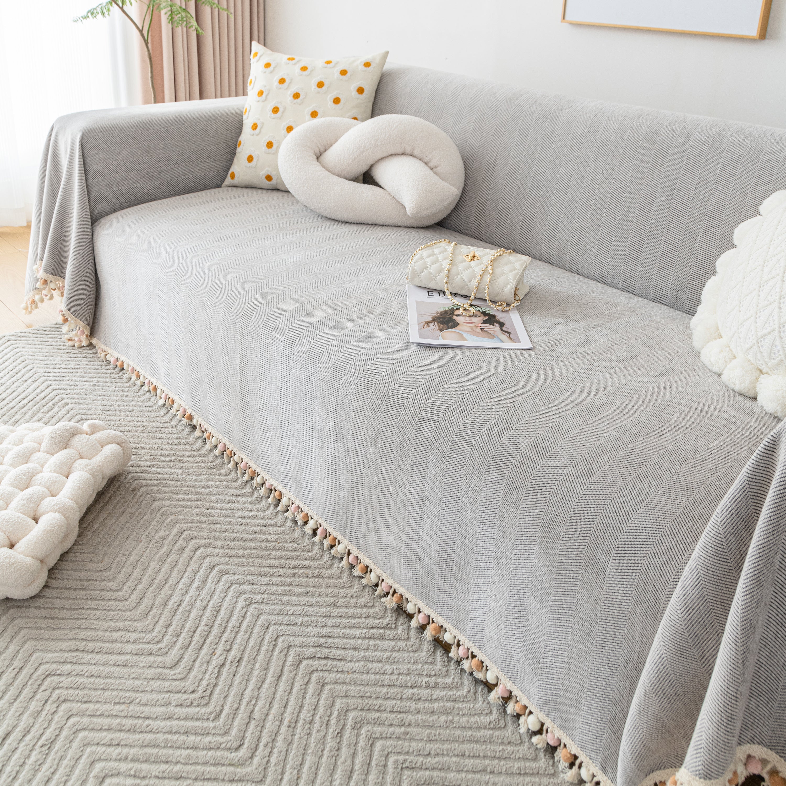 Couch Cover Sectional L Shape Chenille Herringbone Couch Throw Cover with Tassel Pom-Poms for Pets - Image 93