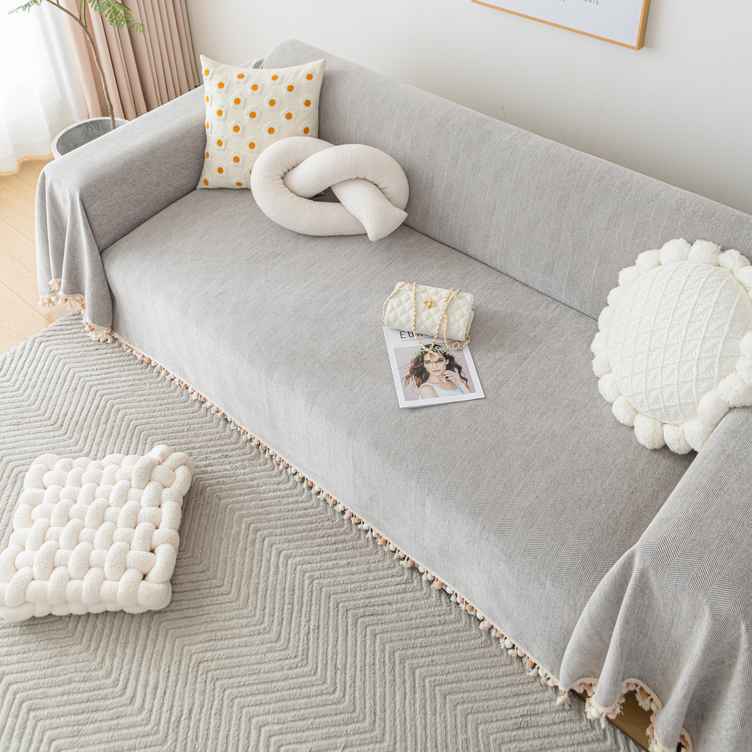 Couch Cover Sectional L Shape Chenille Herringbone Couch Throw Cover with Tassel Pom-Poms for Pets - Image 94