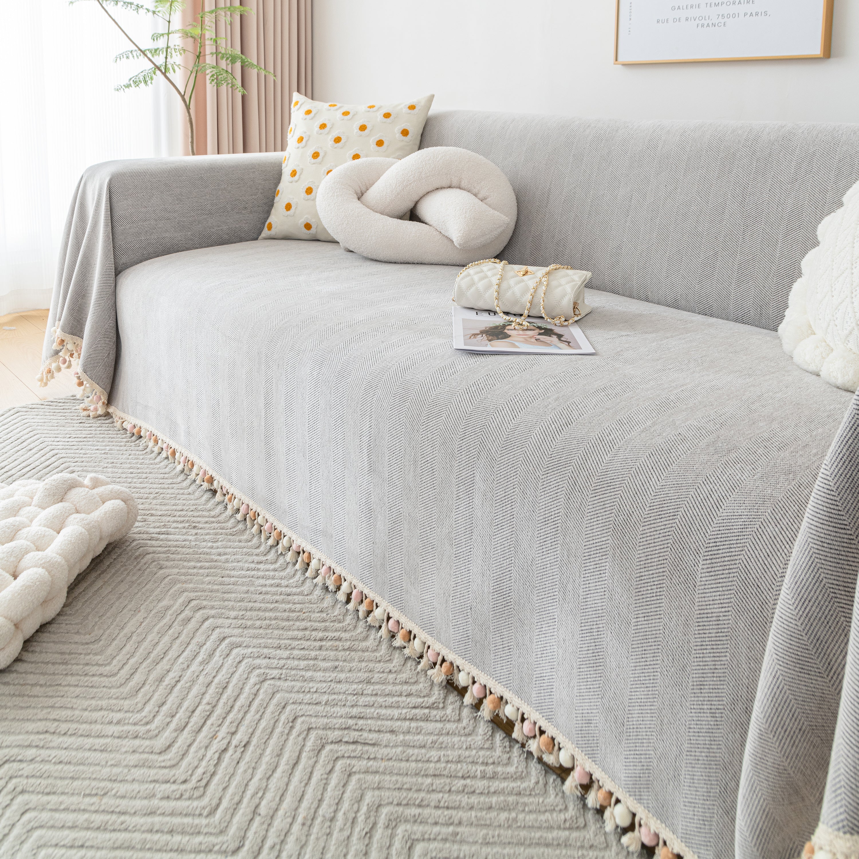 Couch Cover Sectional L Shape Chenille Herringbone Couch Throw Cover with Tassel Pom-Poms for Pets - Image 95