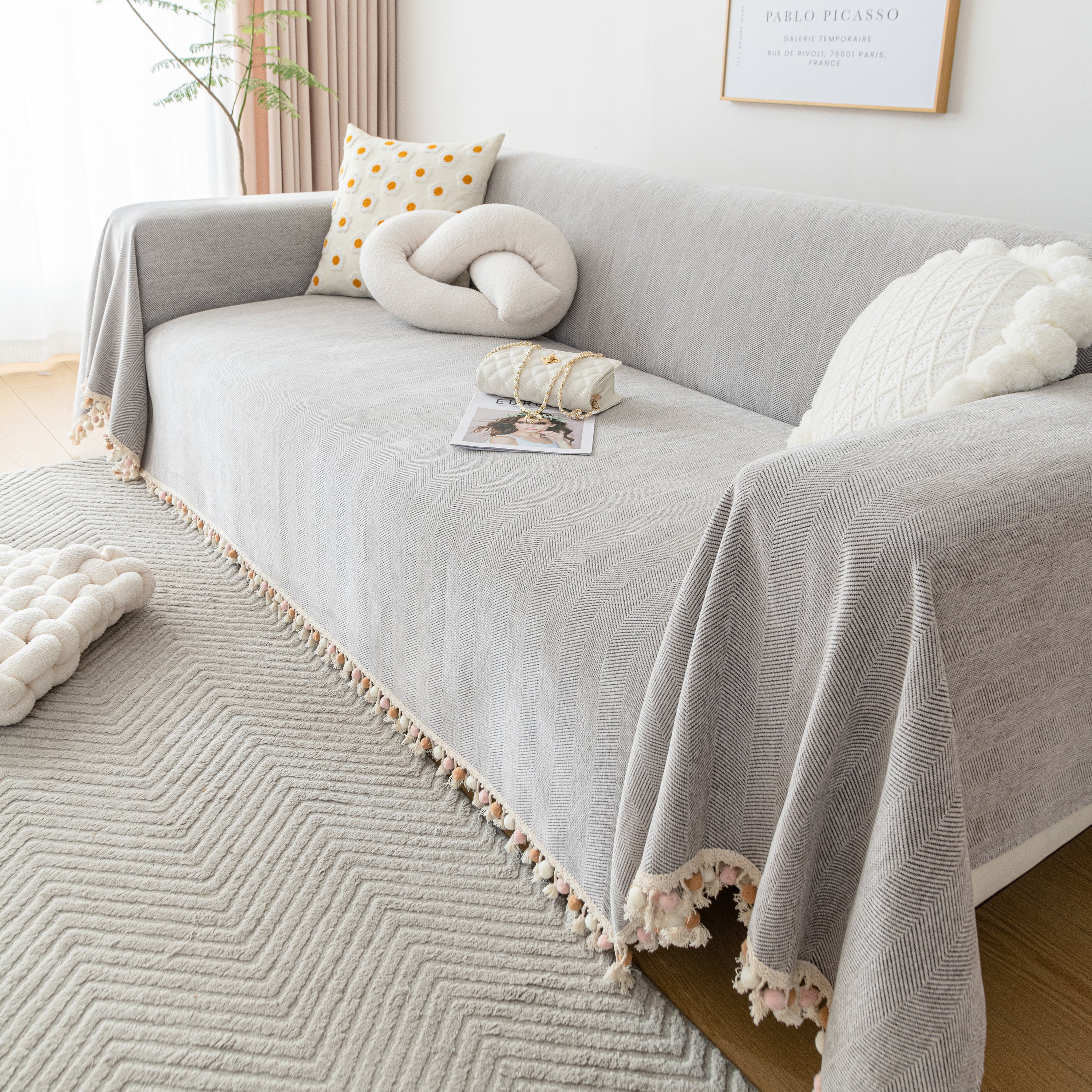 Couch Cover Sectional L Shape Chenille Herringbone Couch Throw Cover with Tassel Pom-Poms for Pets - Image 96