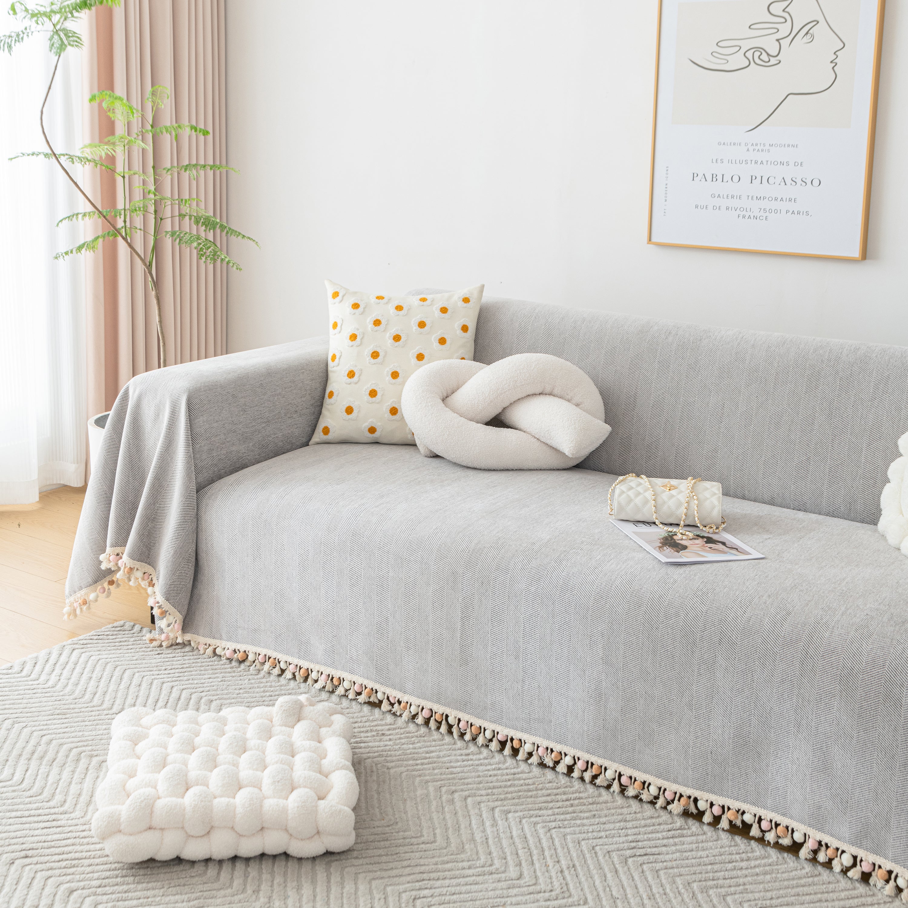 Couch Cover Sectional L Shape Chenille Herringbone Couch Throw Cover with Tassel Pom-Poms for Pets - Image 97