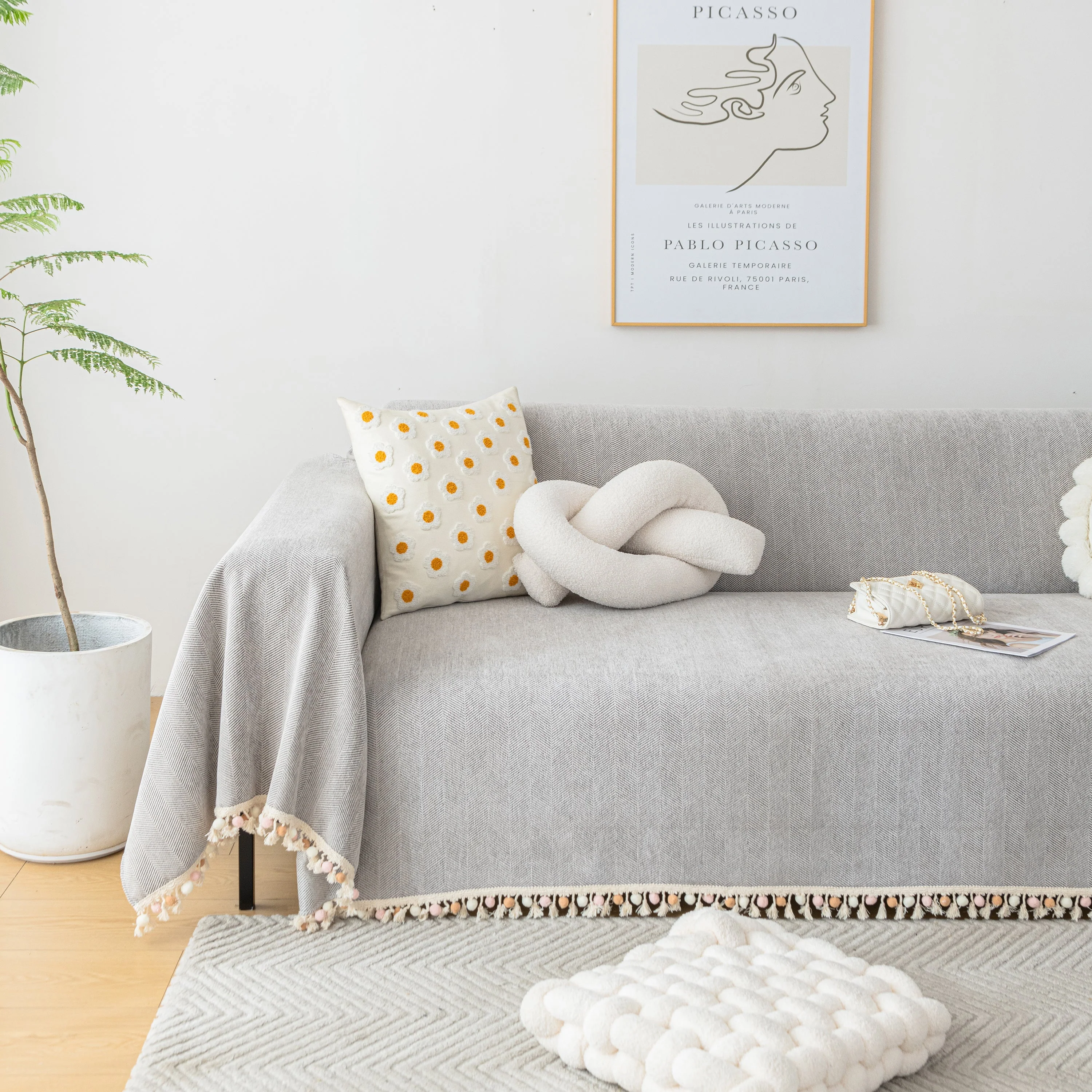 Couch Cover Sectional L Shape Chenille Herringbone Couch Throw Cover with Tassel Pom-Poms for Pets - Image 98