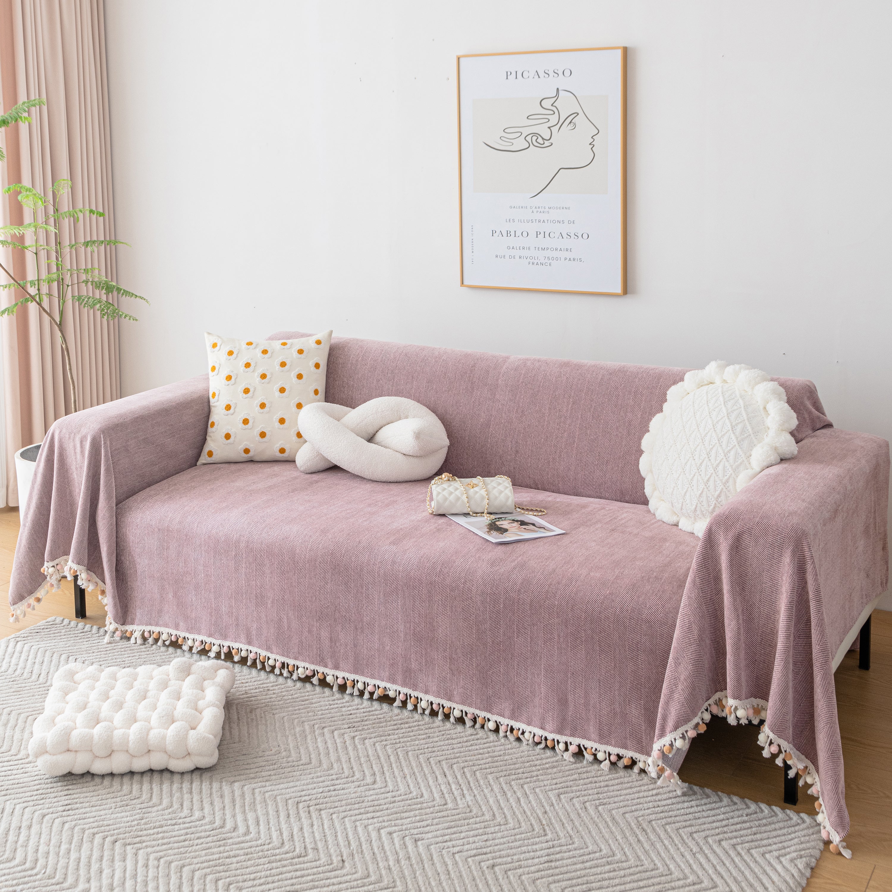 Couch Cover Sectional L Shape Chenille Herringbone Couch Throw Cover with Tassel Pom-Poms for Pets - Image 99
