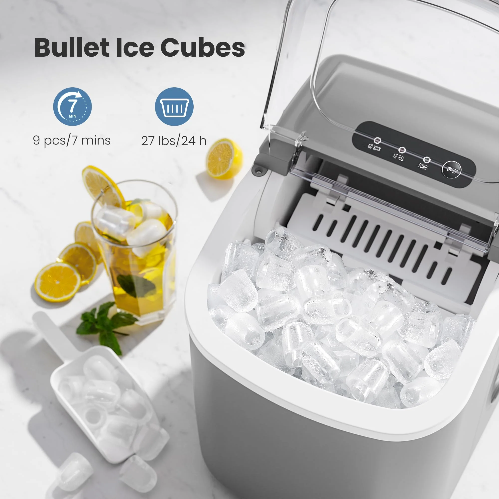 Countertop Ice Maker Machine with Handle, 9 Bullet-Shaped Ice Cubes Ready in 6 Mins, 26Lbs/24H, Self-Cleaning Function with Ice Scoop and Basket for Home/Kitchen/Party (Grey) - Image 2