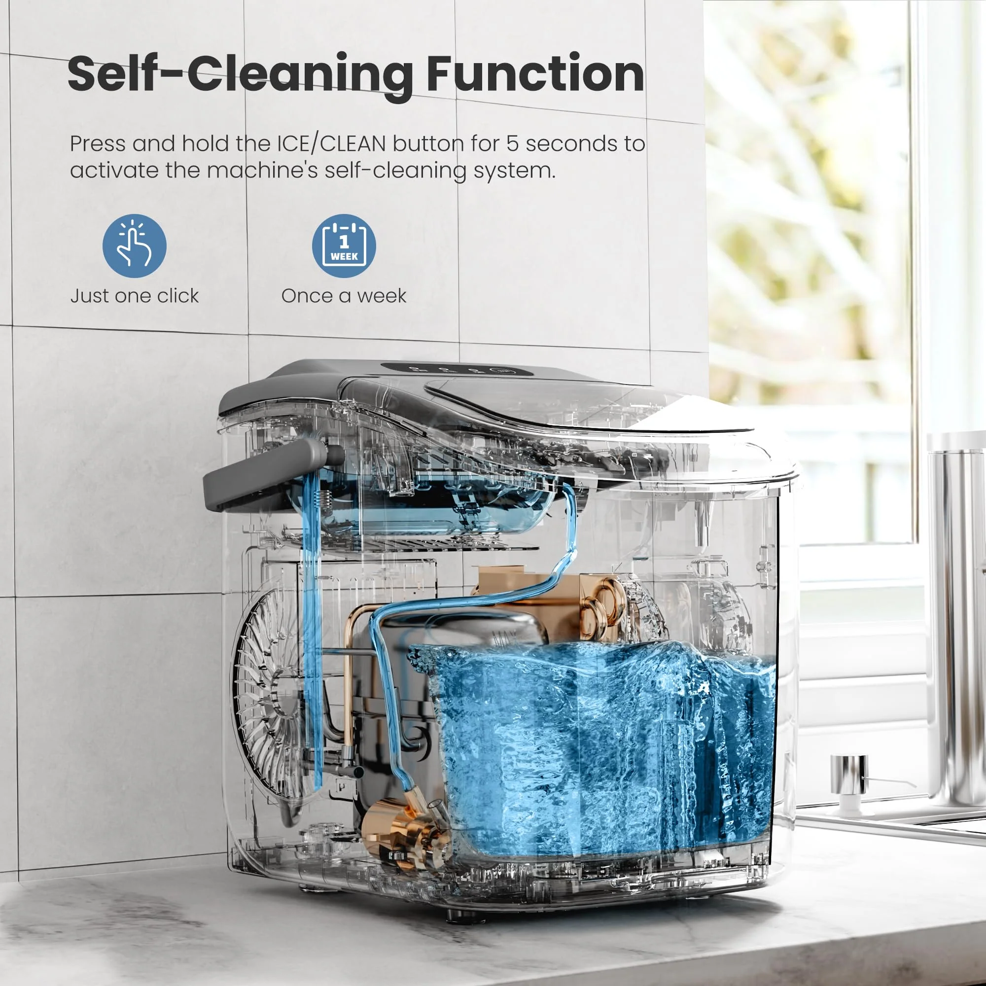 Countertop Ice Maker Machine with Handle, 9 Bullet-Shaped Ice Cubes Ready in 6 Mins, 26Lbs/24H, Self-Cleaning Function with Ice Scoop and Basket for Home/Kitchen/Party (Grey) - Image 3