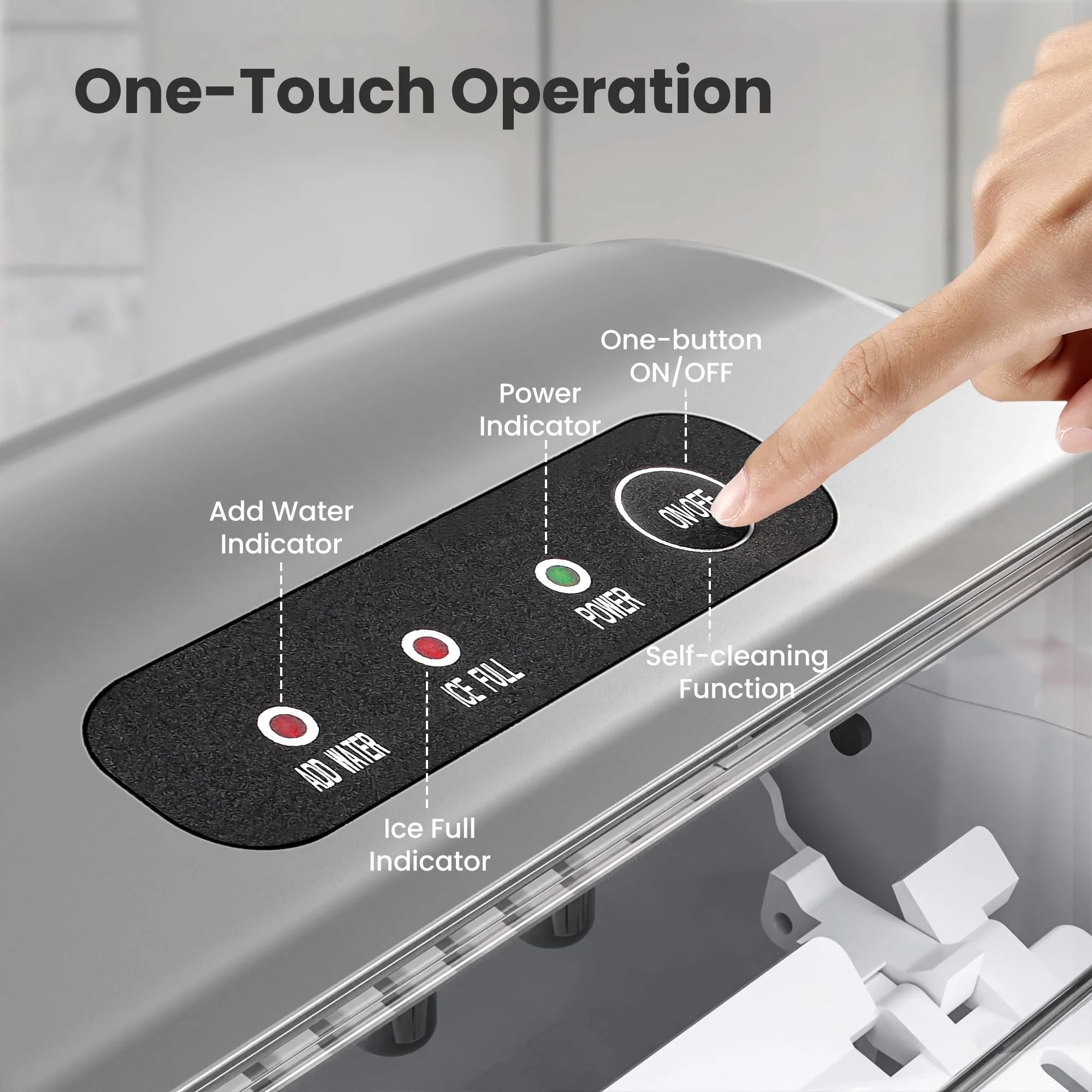 Countertop Ice Maker Machine with Handle, 9 Bullet-Shaped Ice Cubes Ready in 6 Mins, 26Lbs/24H, Self-Cleaning Function with Ice Scoop and Basket for Home/Kitchen/Party (Grey) - Image 4