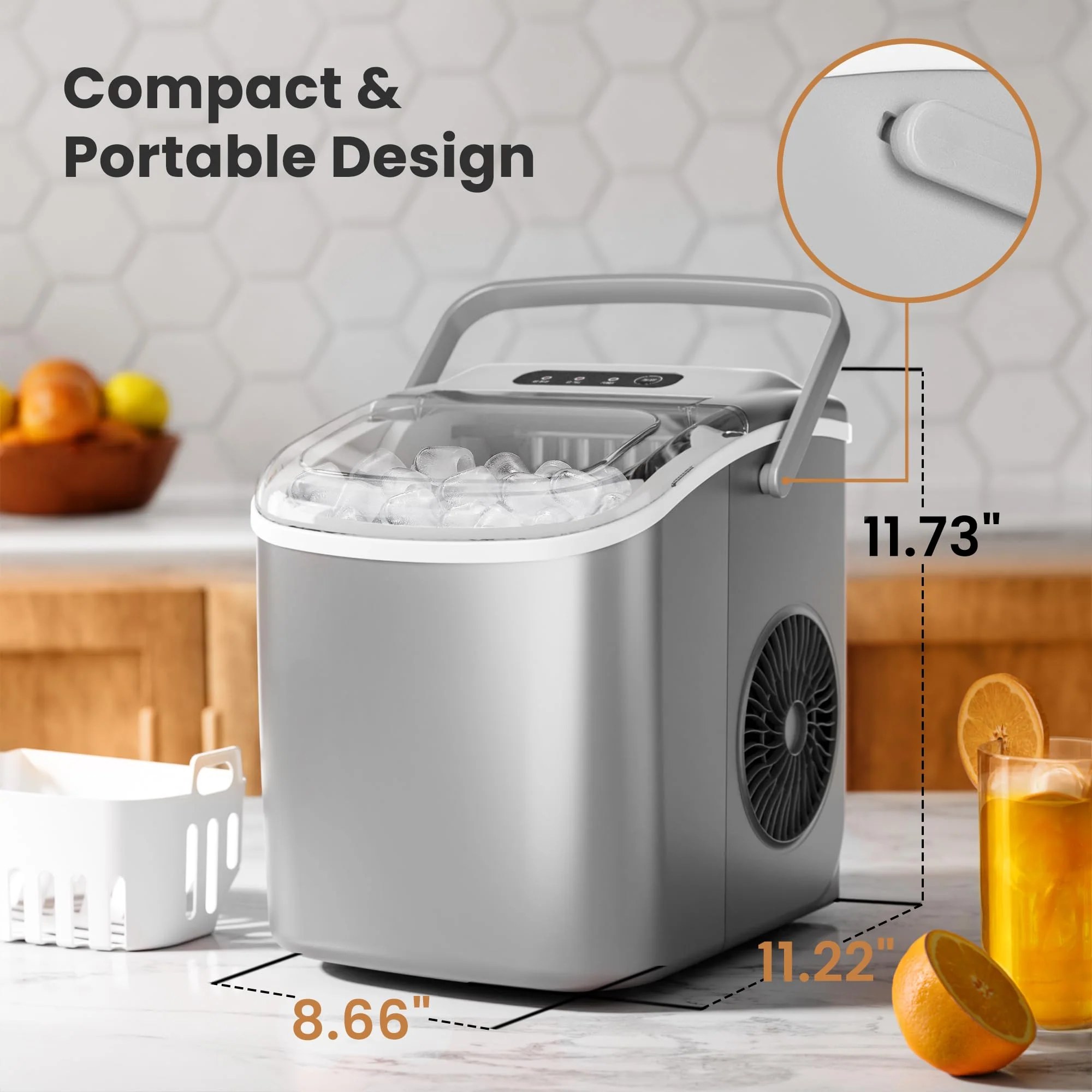 Countertop Ice Maker Machine with Handle, 9 Bullet-Shaped Ice Cubes Ready in 6 Mins, 26Lbs/24H, Self-Cleaning Function with Ice Scoop and Basket for Home/Kitchen/Party (Grey) - Image 6
