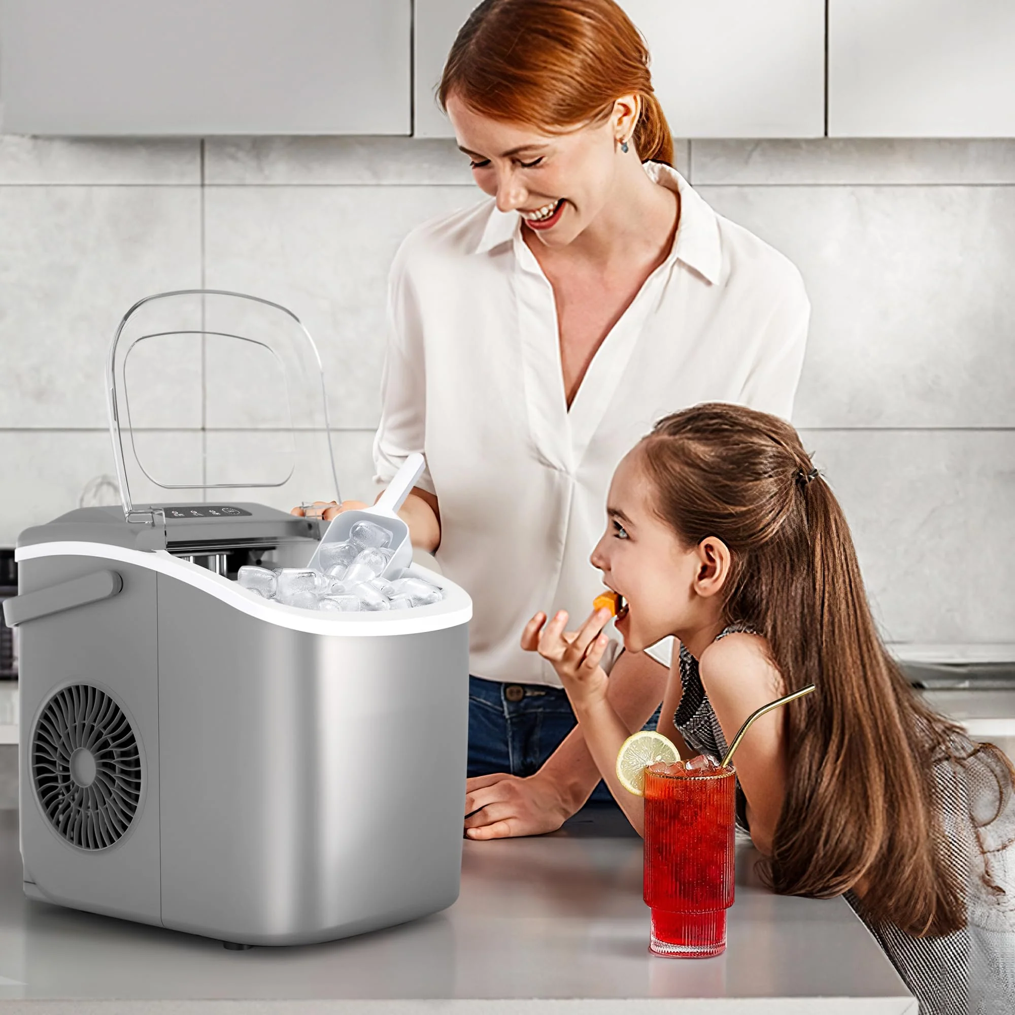 Countertop Ice Maker Machine with Handle, 9 Bullet-Shaped Ice Cubes Ready in 6 Mins, 26Lbs/24H, Self-Cleaning Function with Ice Scoop and Basket for Home/Kitchen/Party (Grey) - Image 7