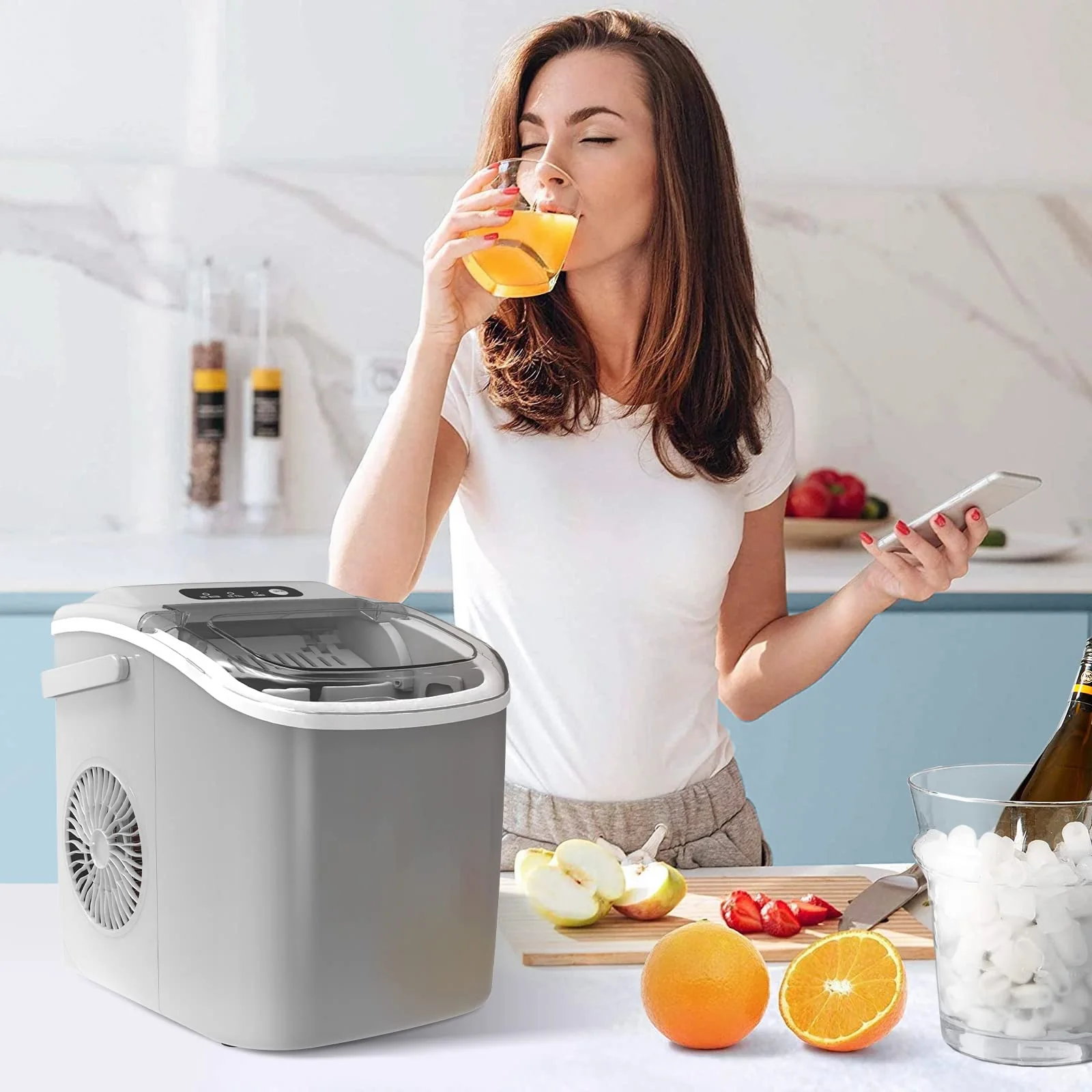 Countertop Ice Maker Machine with Handle, 9 Bullet-Shaped Ice Cubes Ready in 6 Mins, 26Lbs/24H, Self-Cleaning Function with Ice Scoop and Basket for Home/Kitchen/Party (Grey) - Image 8