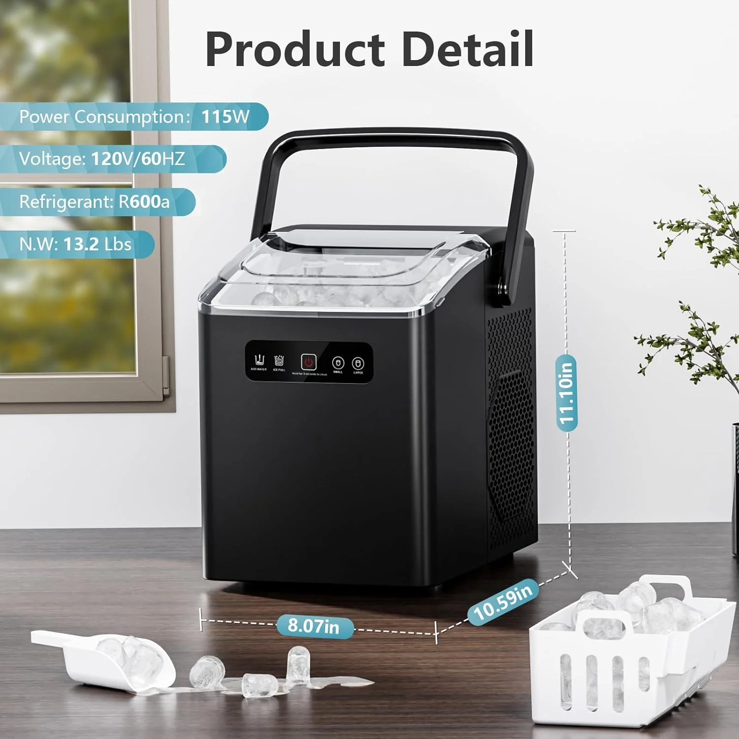 Countertop Ice Maker,Portable Ice Machine with Handle,for Home/Kitchen/Camping/RV Z3424-BLACK - Image 3