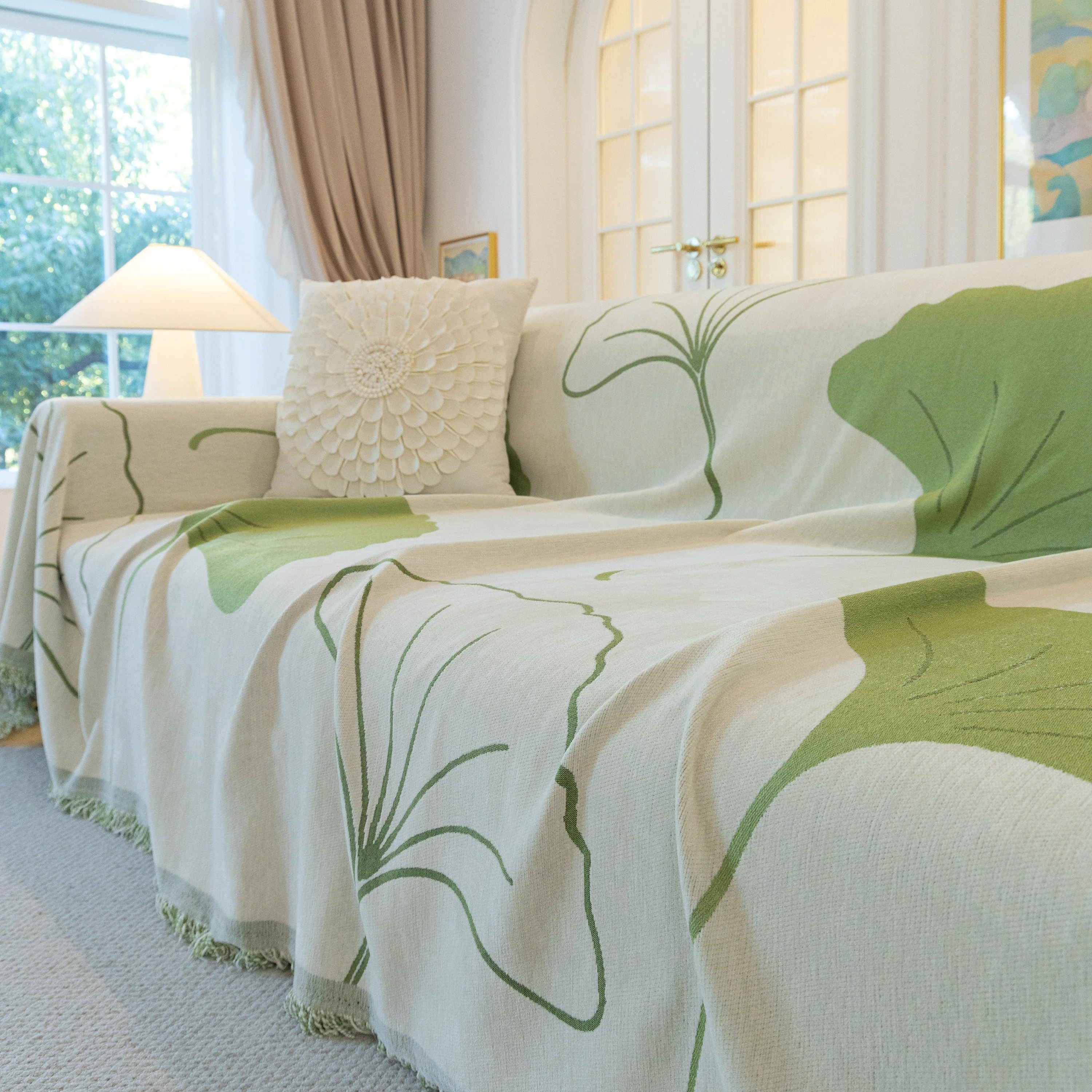 Cozy Couch Throw Blanket with Tassels, Jacquard Leaf Pattern Furniture Protector - Image 10