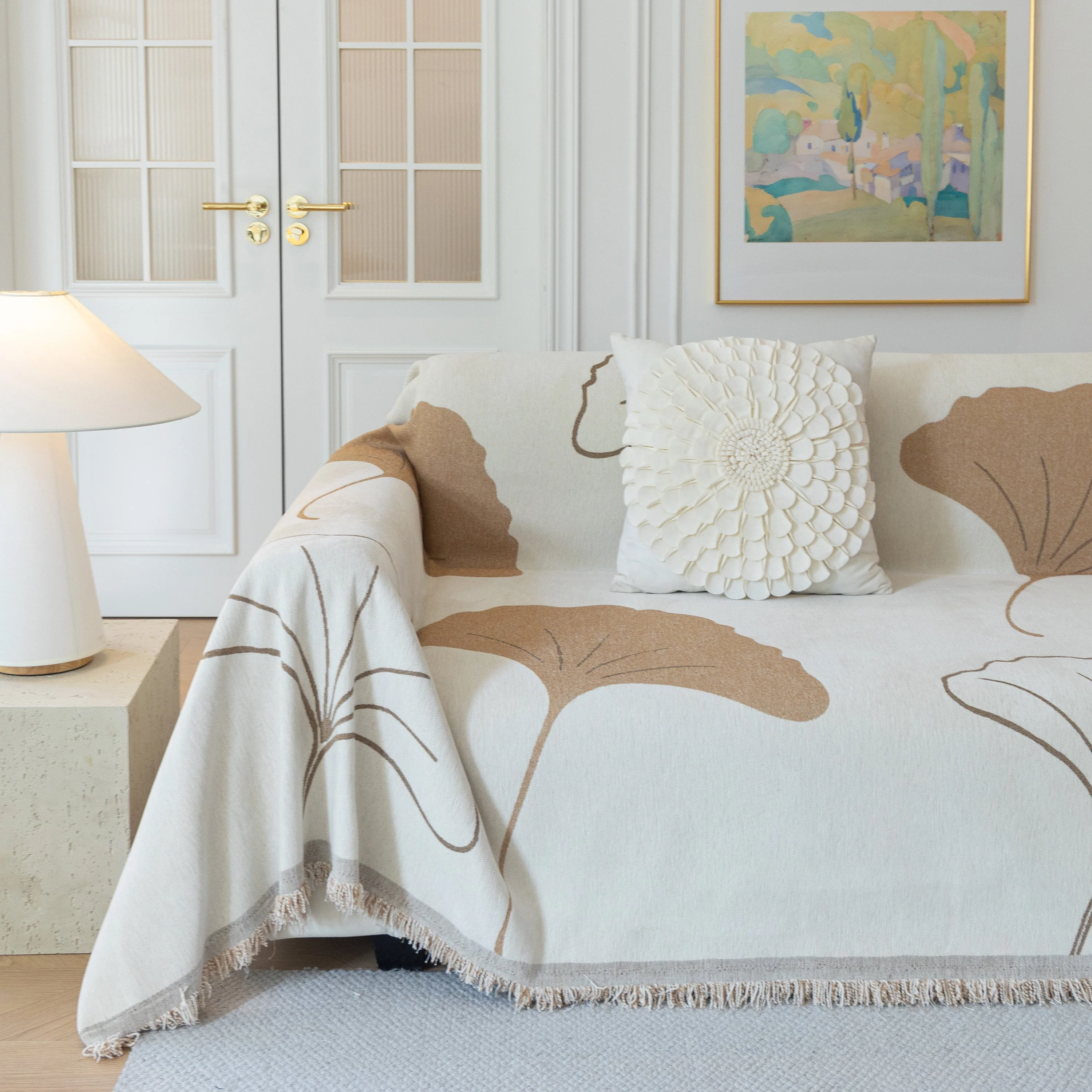 Cozy Couch Throw Blanket with Tassels, Jacquard Leaf Pattern Furniture Protector - Image 108