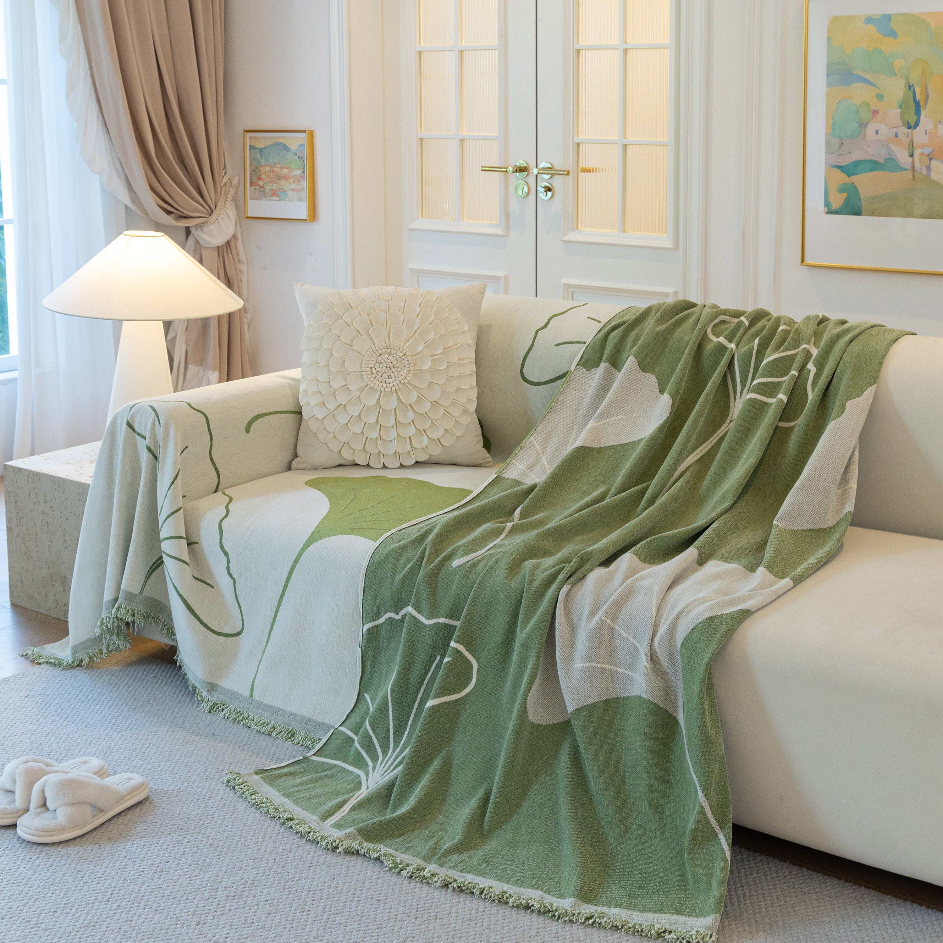 Cozy Couch Throw Blanket with Tassels, Jacquard Leaf Pattern Furniture Protector - Image 11