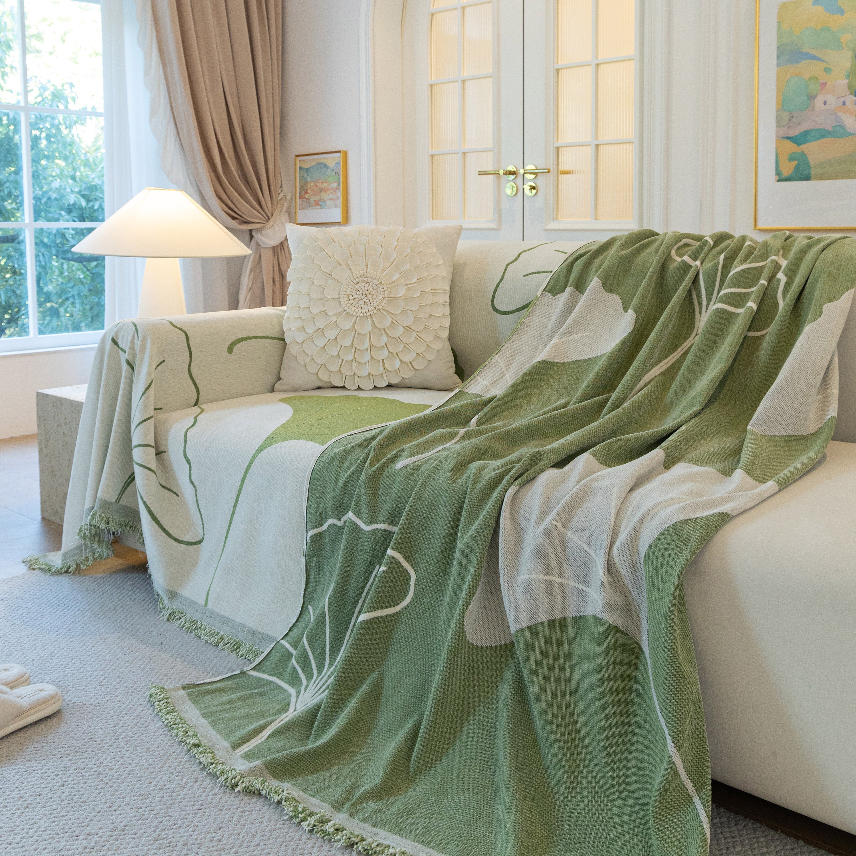 Cozy Couch Throw Blanket with Tassels, Jacquard Leaf Pattern Furniture Protector - Image 12