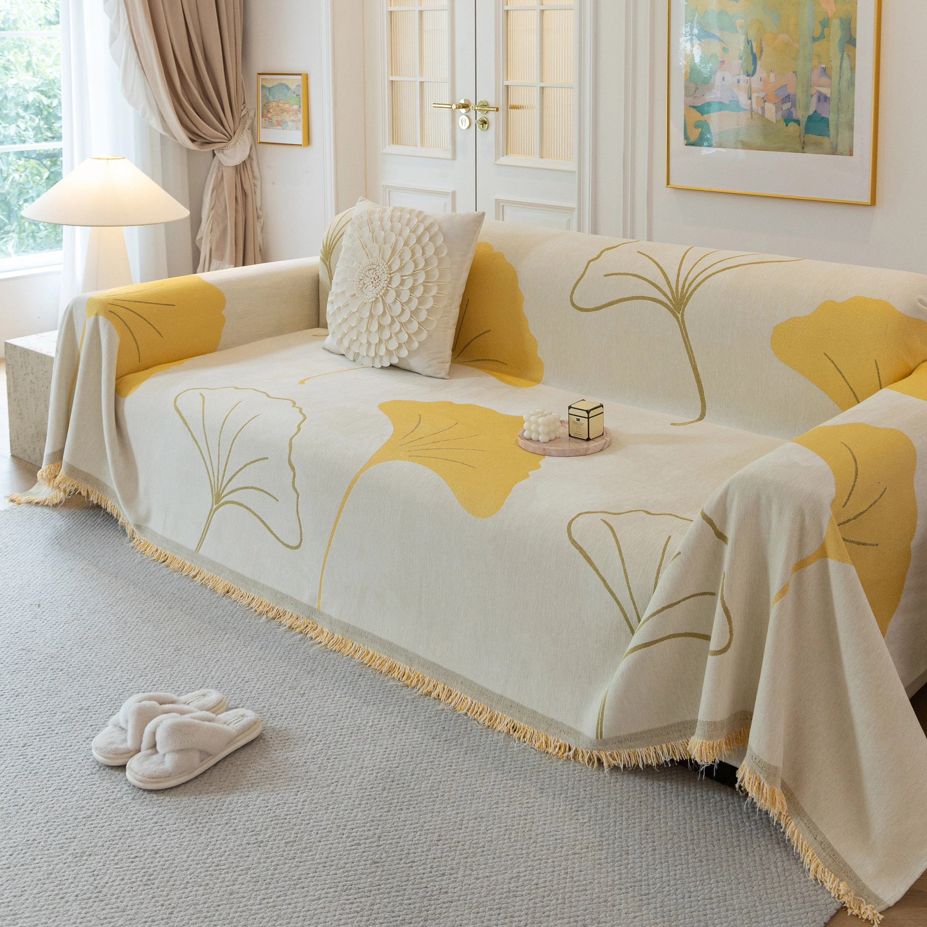 Cozy Couch Throw Blanket with Tassels, Jacquard Leaf Pattern Furniture Protector - Image 26