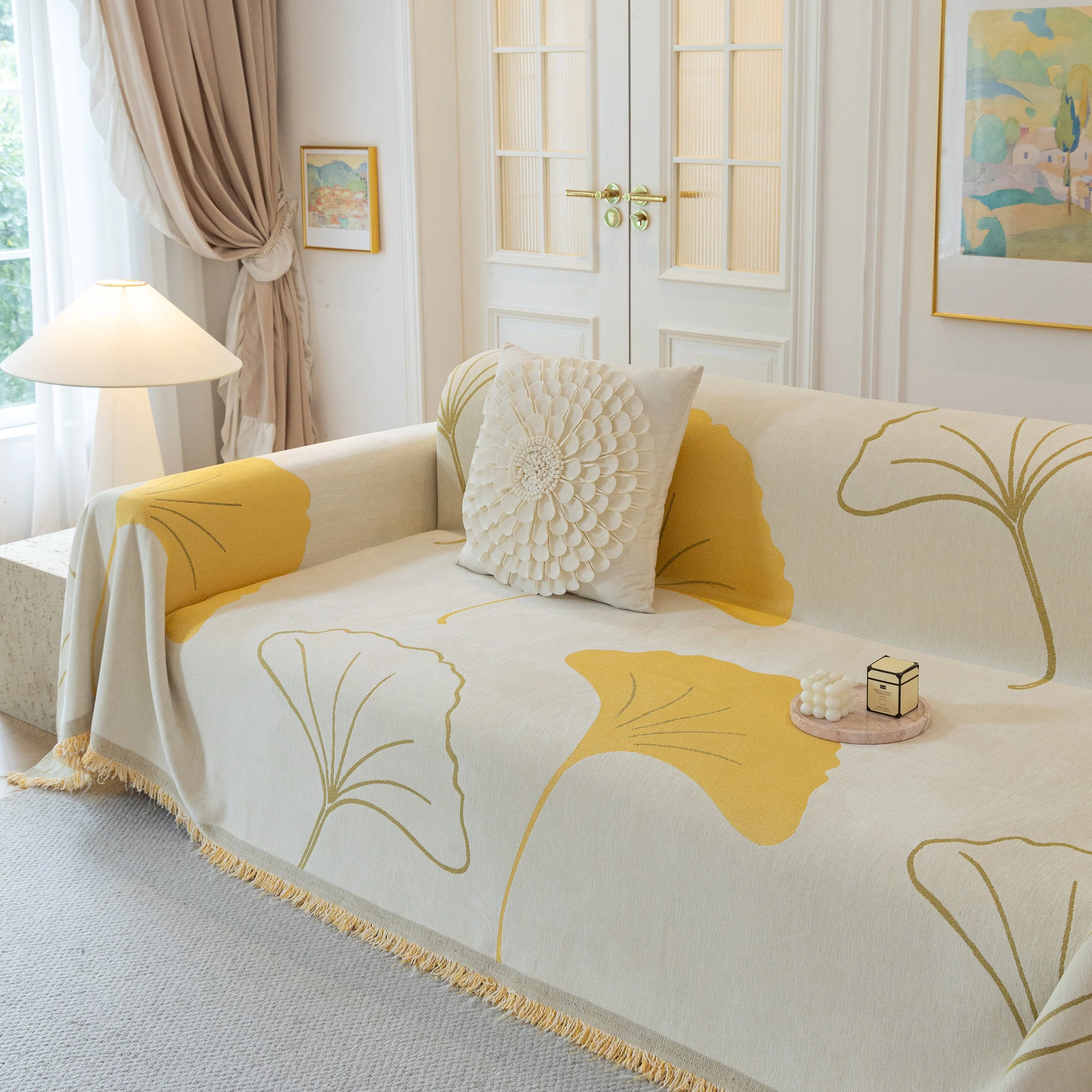 Cozy Couch Throw Blanket with Tassels, Jacquard Leaf Pattern Furniture Protector - Image 27