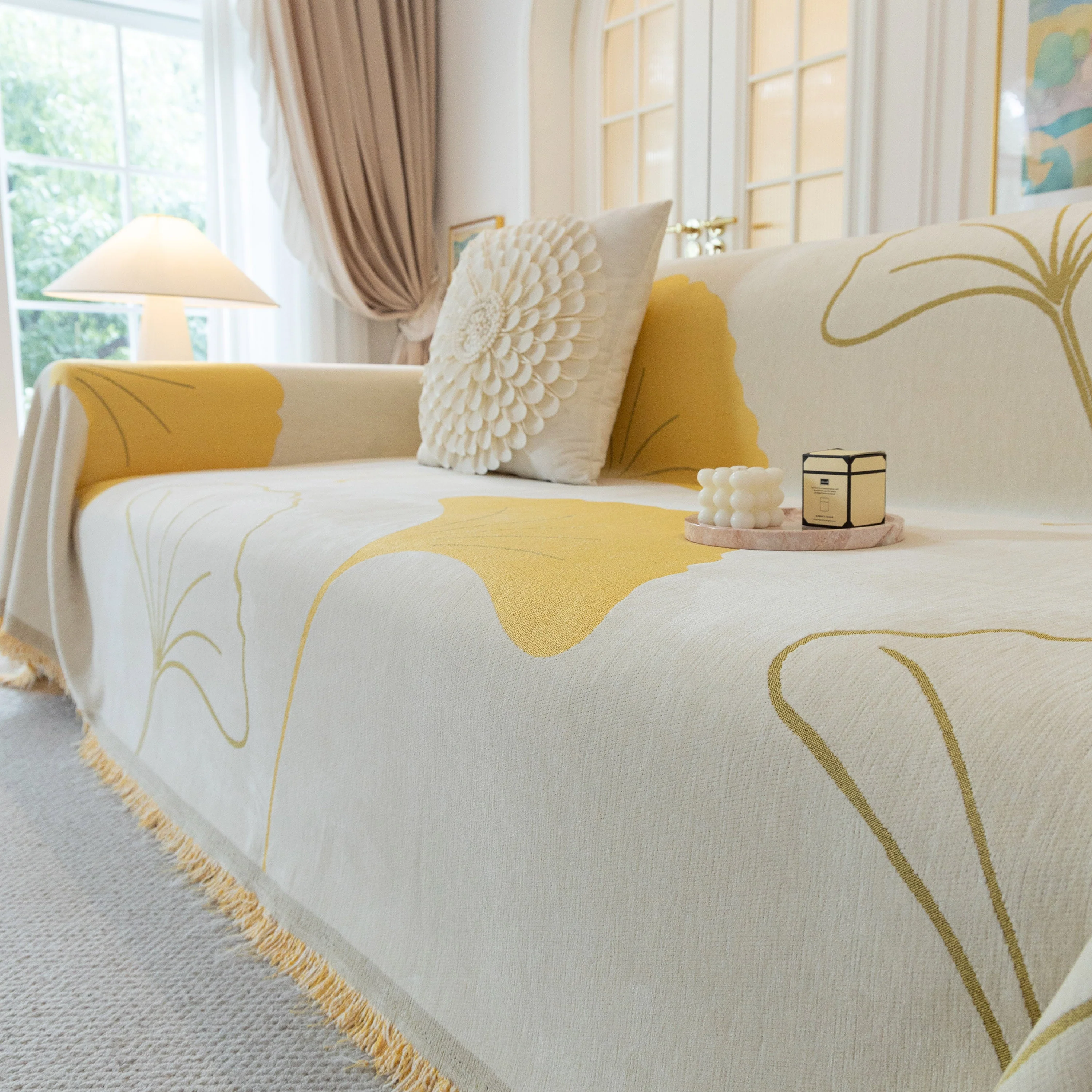 Cozy Couch Throw Blanket with Tassels, Jacquard Leaf Pattern Furniture Protector - Image 29