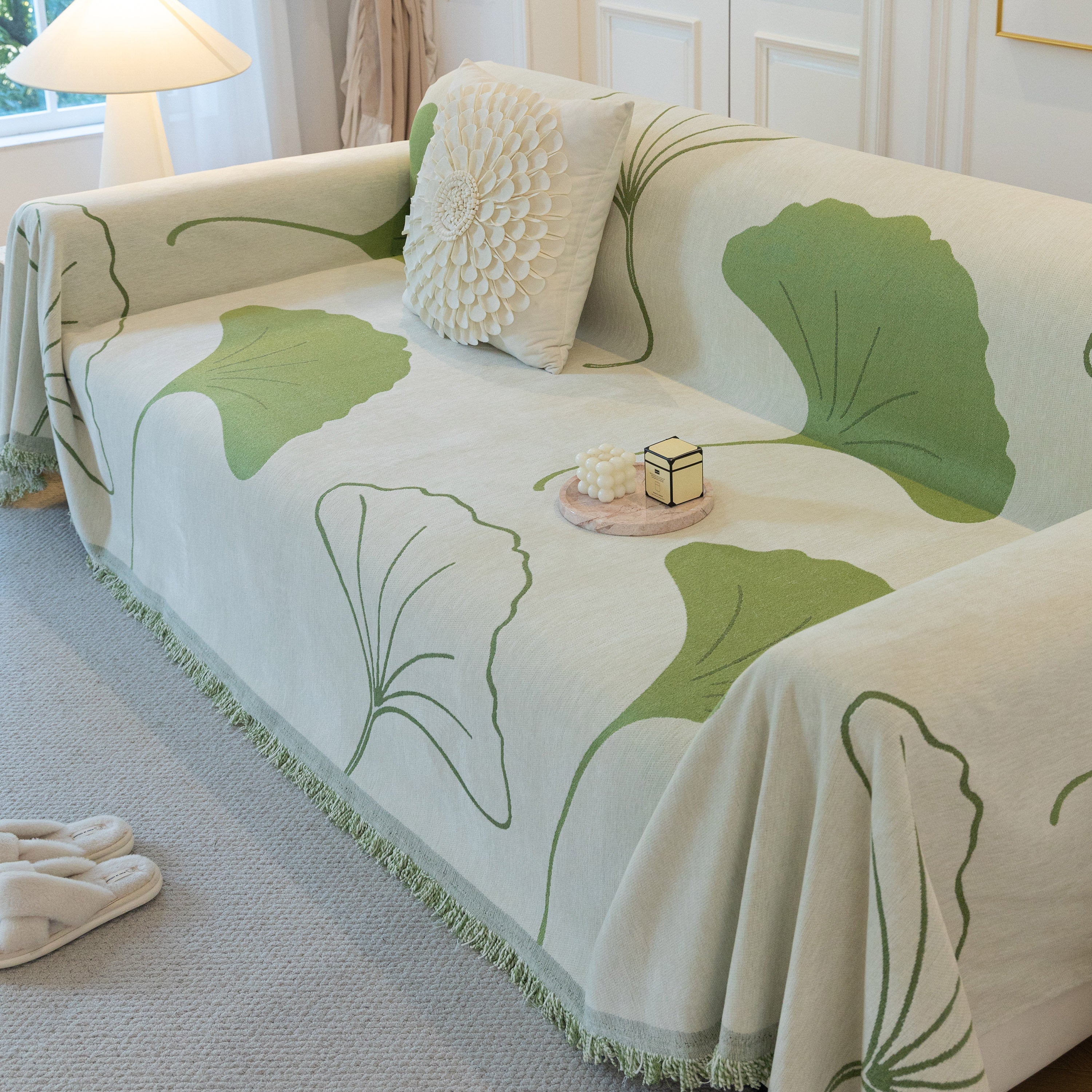 Cozy Couch Throw Blanket with Tassels, Jacquard Leaf Pattern Furniture Protector - Image 3