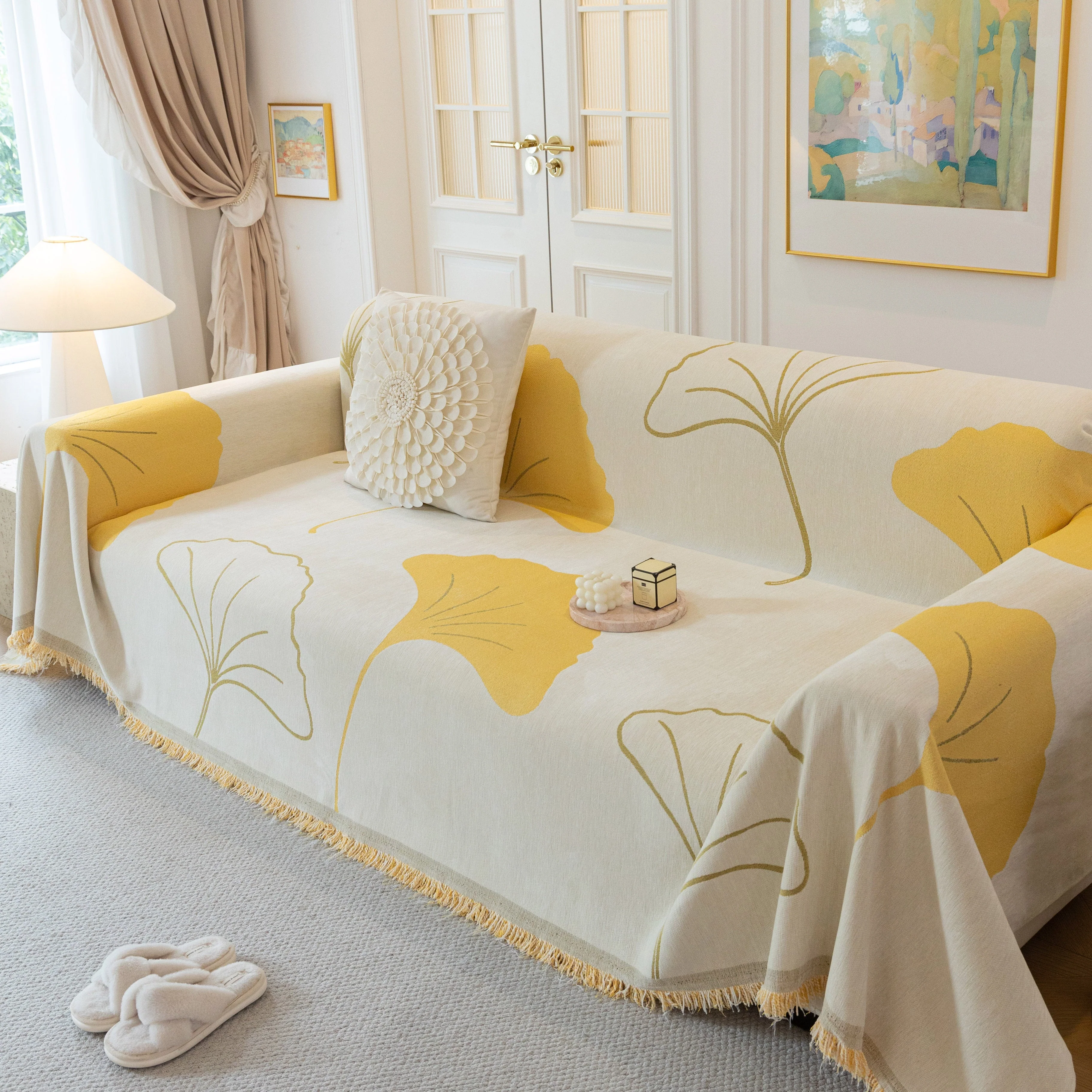 Cozy Couch Throw Blanket with Tassels, Jacquard Leaf Pattern Furniture Protector - Image 31