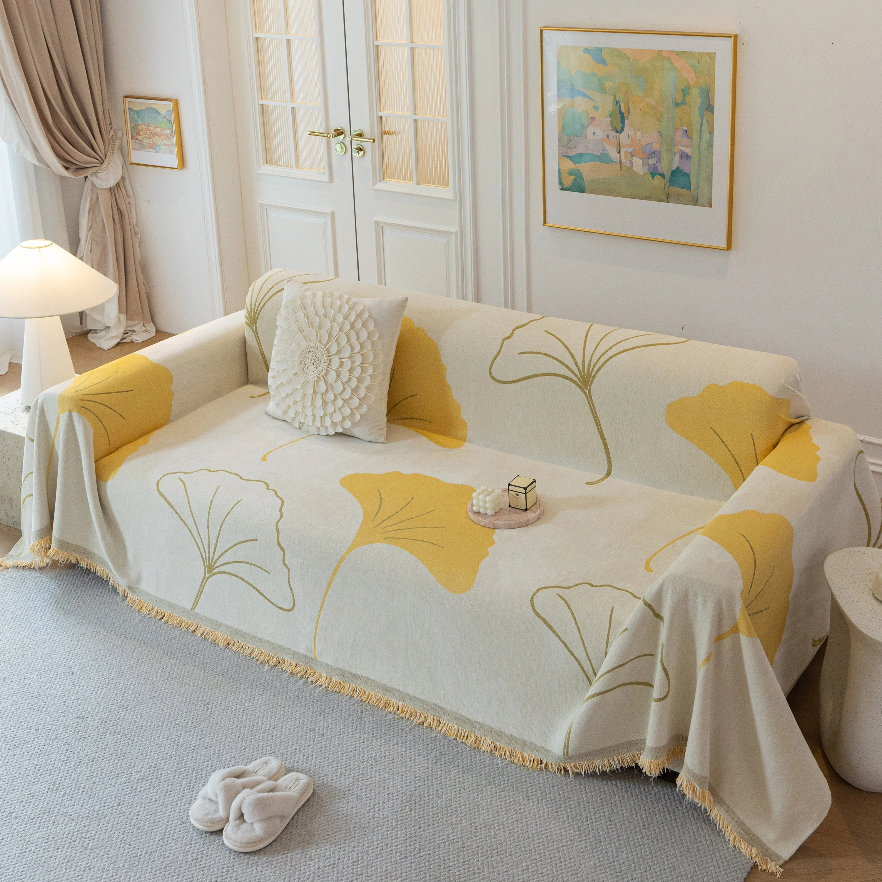 Cozy Couch Throw Blanket with Tassels, Jacquard Leaf Pattern Furniture Protector - Image 33