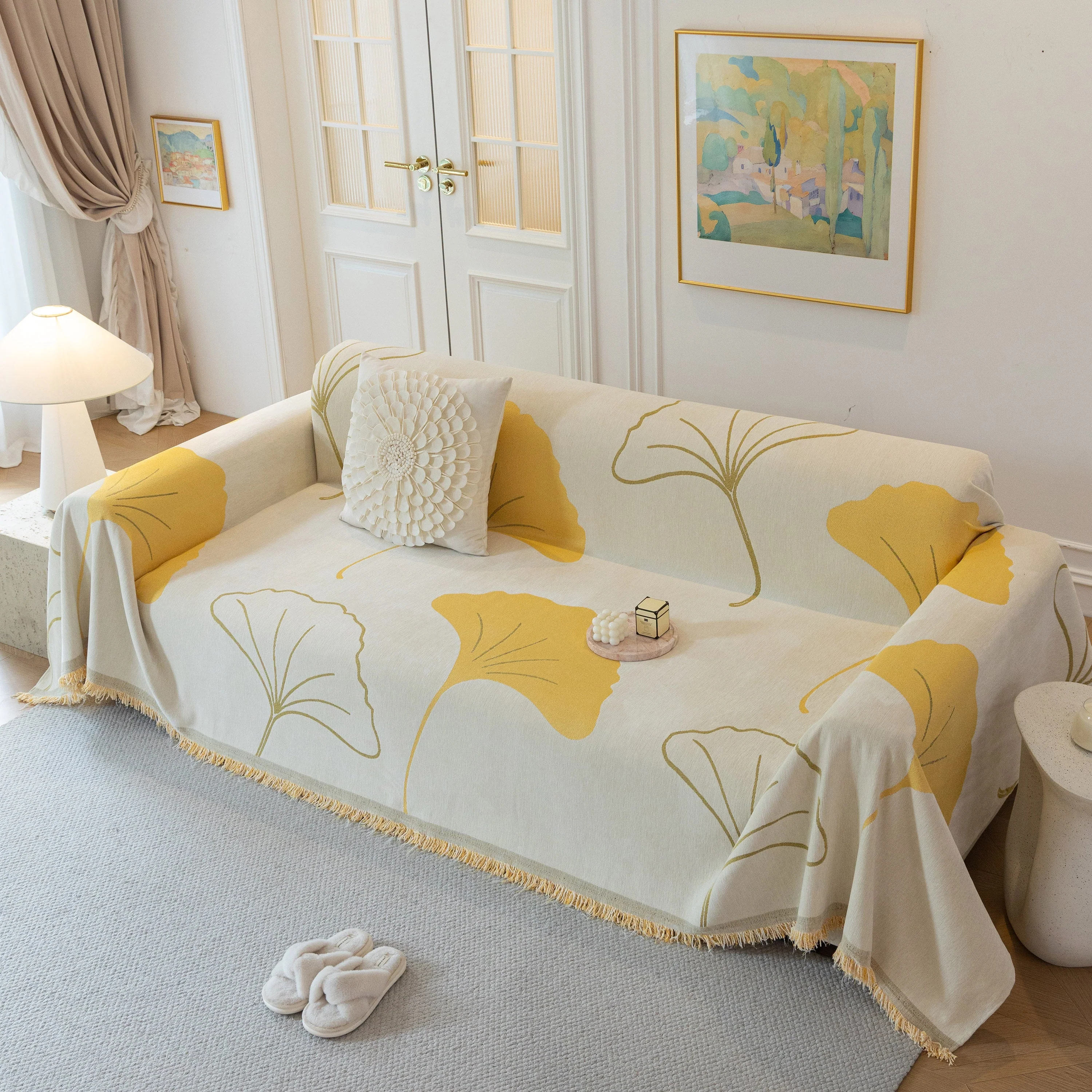 Cozy Couch Throw Blanket with Tassels, Jacquard Leaf Pattern Furniture Protector - Image 34