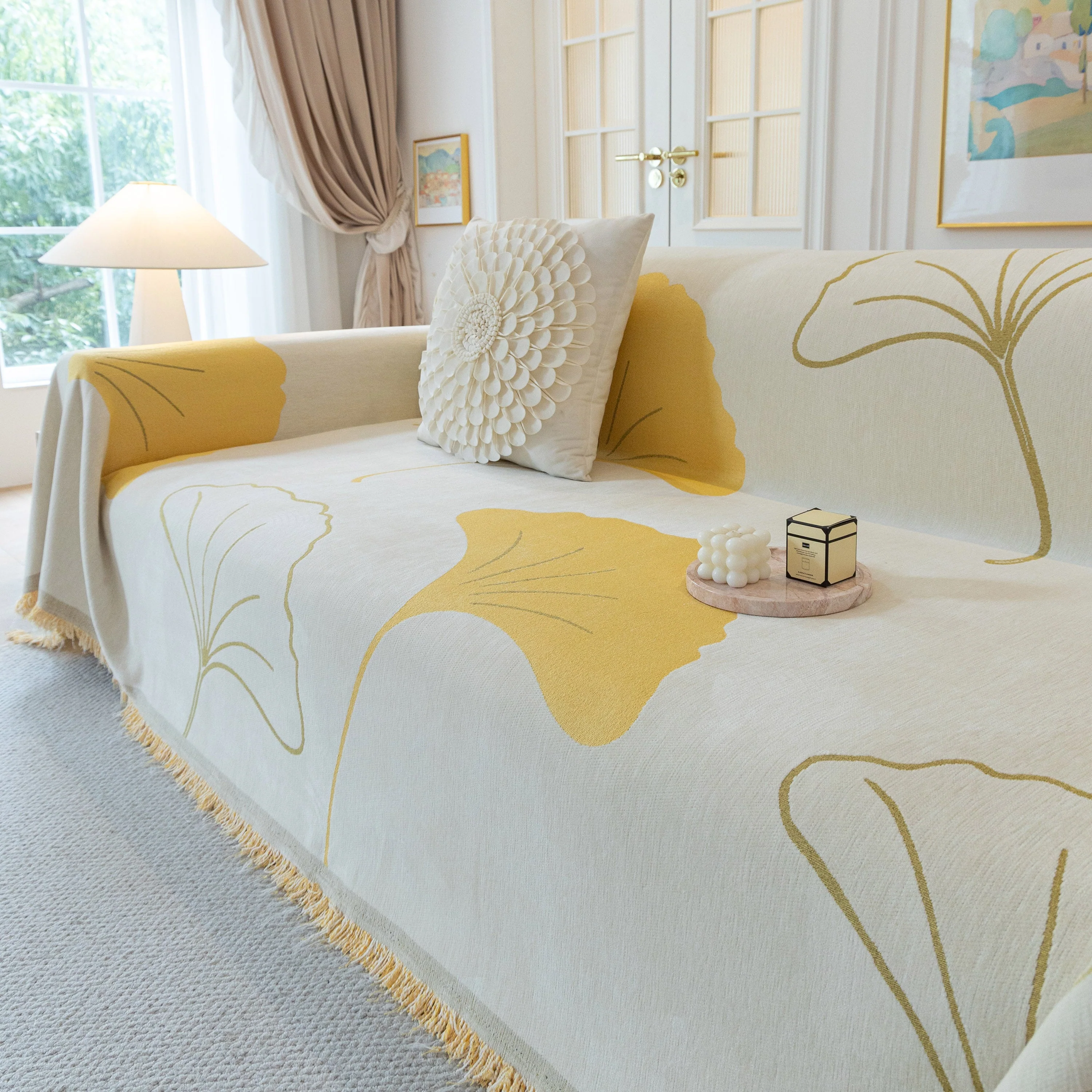 Cozy Couch Throw Blanket with Tassels, Jacquard Leaf Pattern Furniture Protector - Image 37
