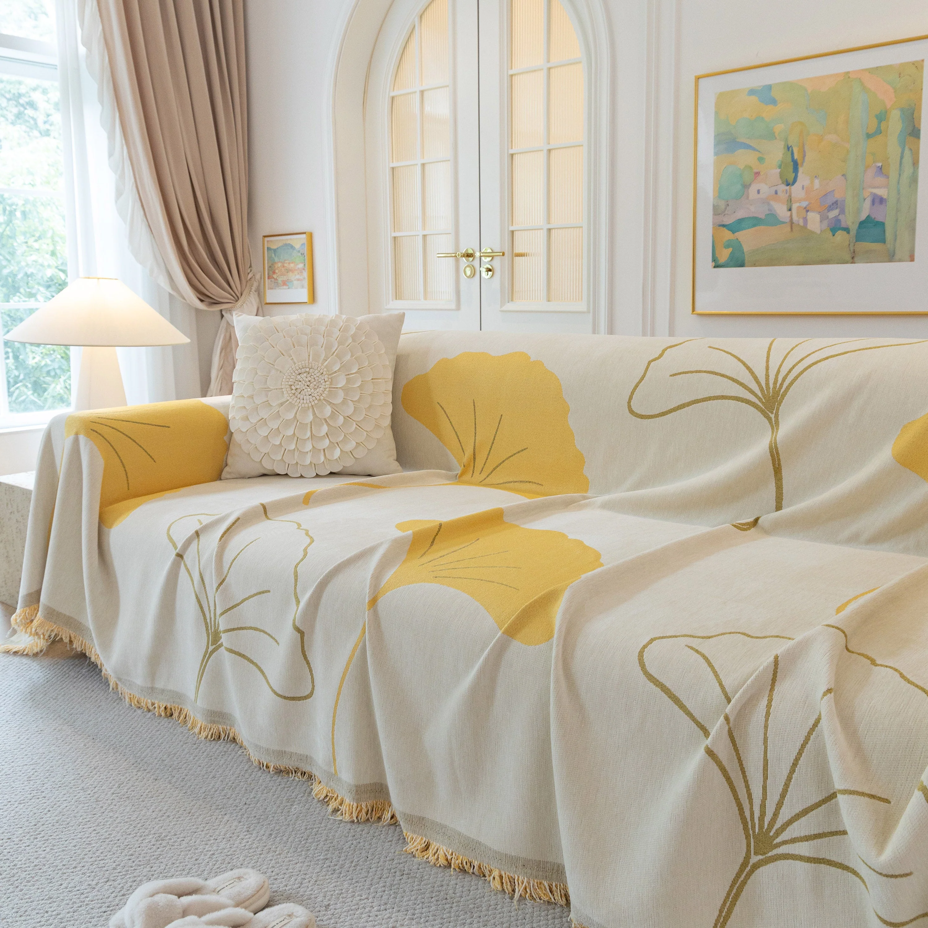 Cozy Couch Throw Blanket with Tassels, Jacquard Leaf Pattern Furniture Protector - Image 39