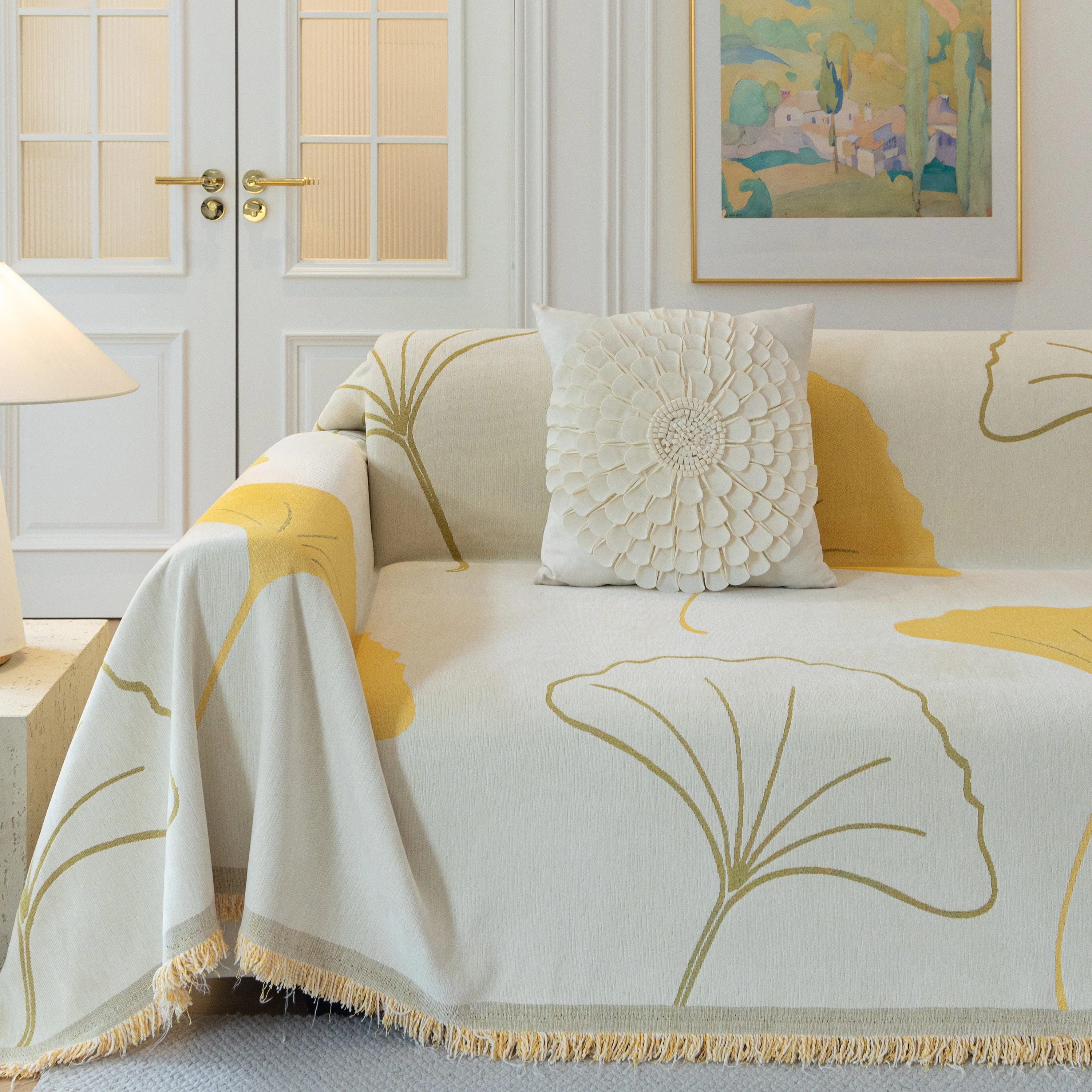 Cozy Couch Throw Blanket with Tassels, Jacquard Leaf Pattern Furniture Protector - Image 46