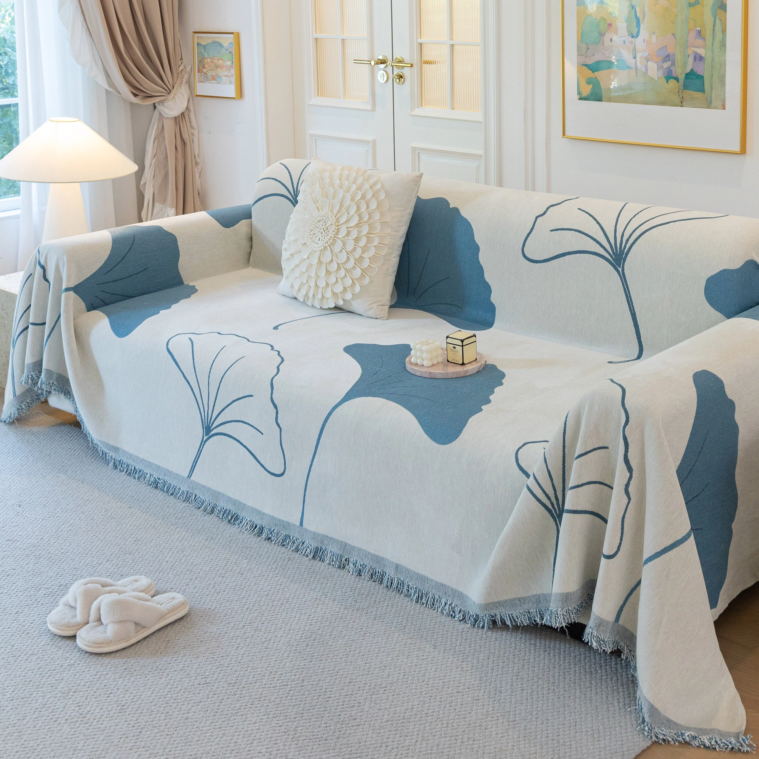 Cozy Couch Throw Blanket with Tassels, Jacquard Leaf Pattern Furniture Protector - Image 49