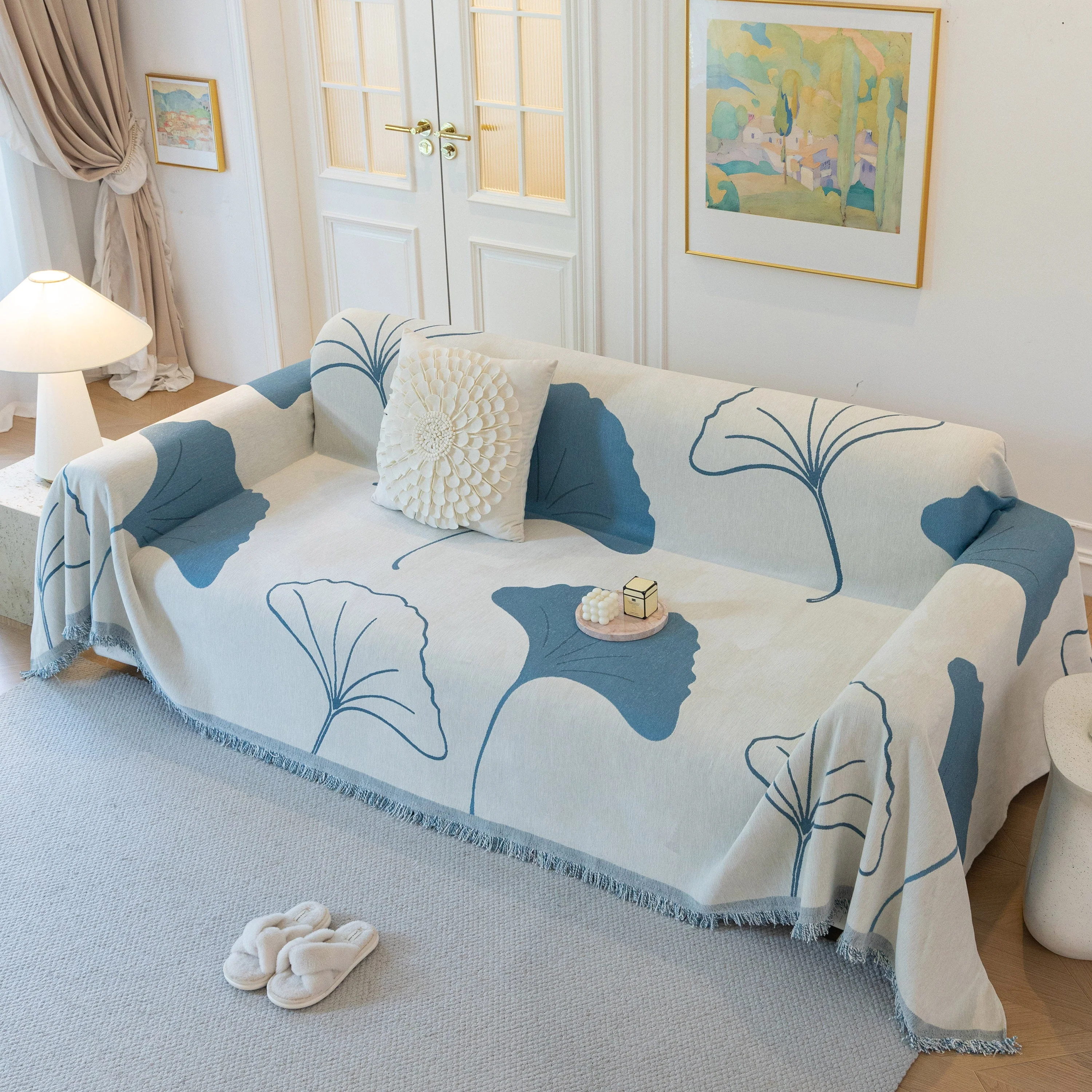 Cozy Couch Throw Blanket with Tassels, Jacquard Leaf Pattern Furniture Protector - Image 50
