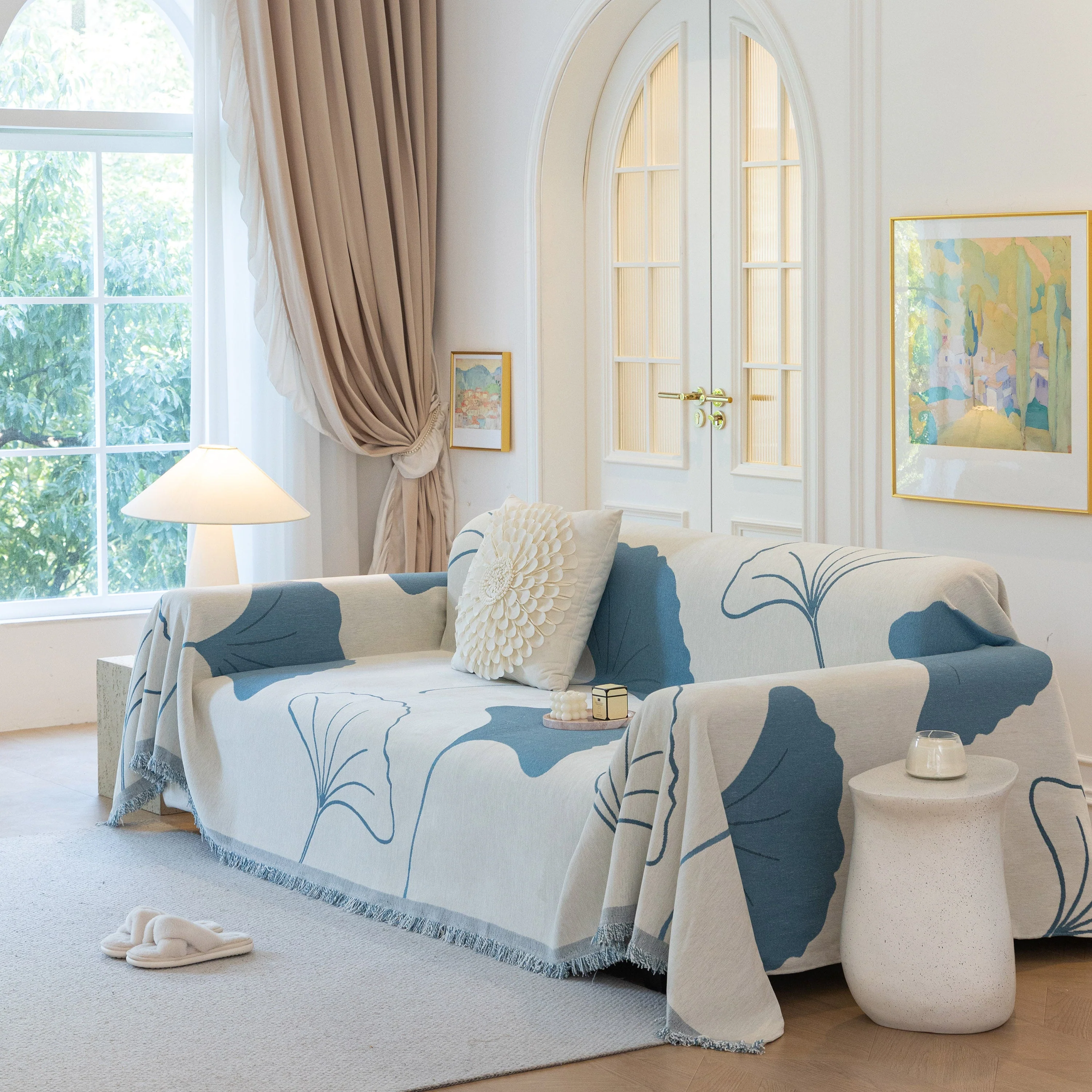 Cozy Couch Throw Blanket with Tassels, Jacquard Leaf Pattern Furniture Protector - Image 52