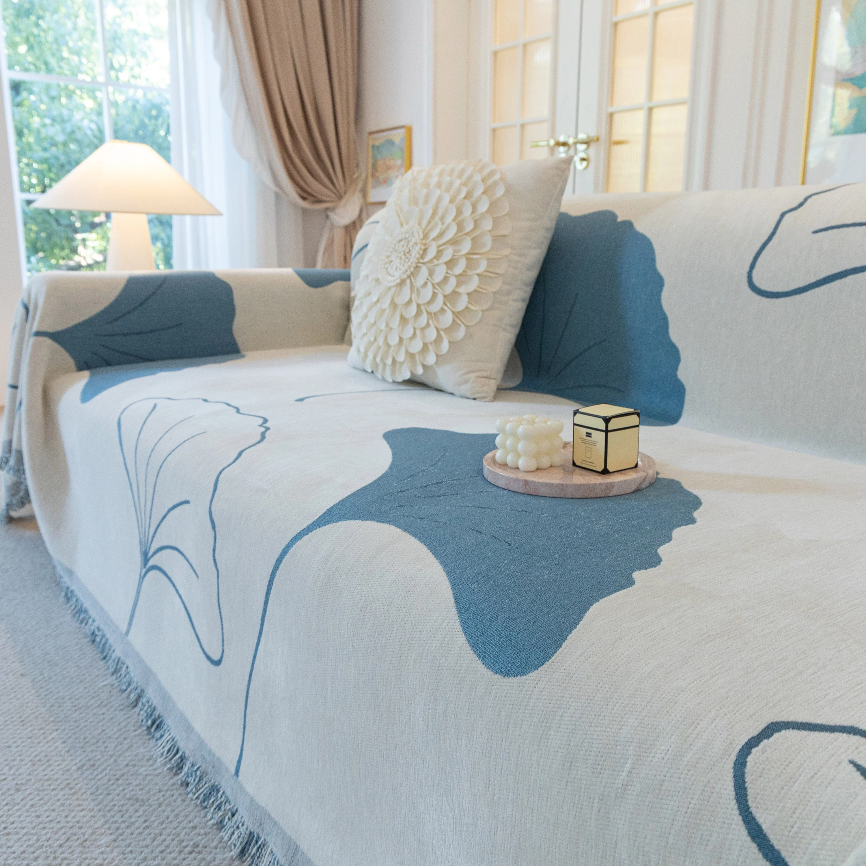 Cozy Couch Throw Blanket with Tassels, Jacquard Leaf Pattern Furniture Protector - Image 55