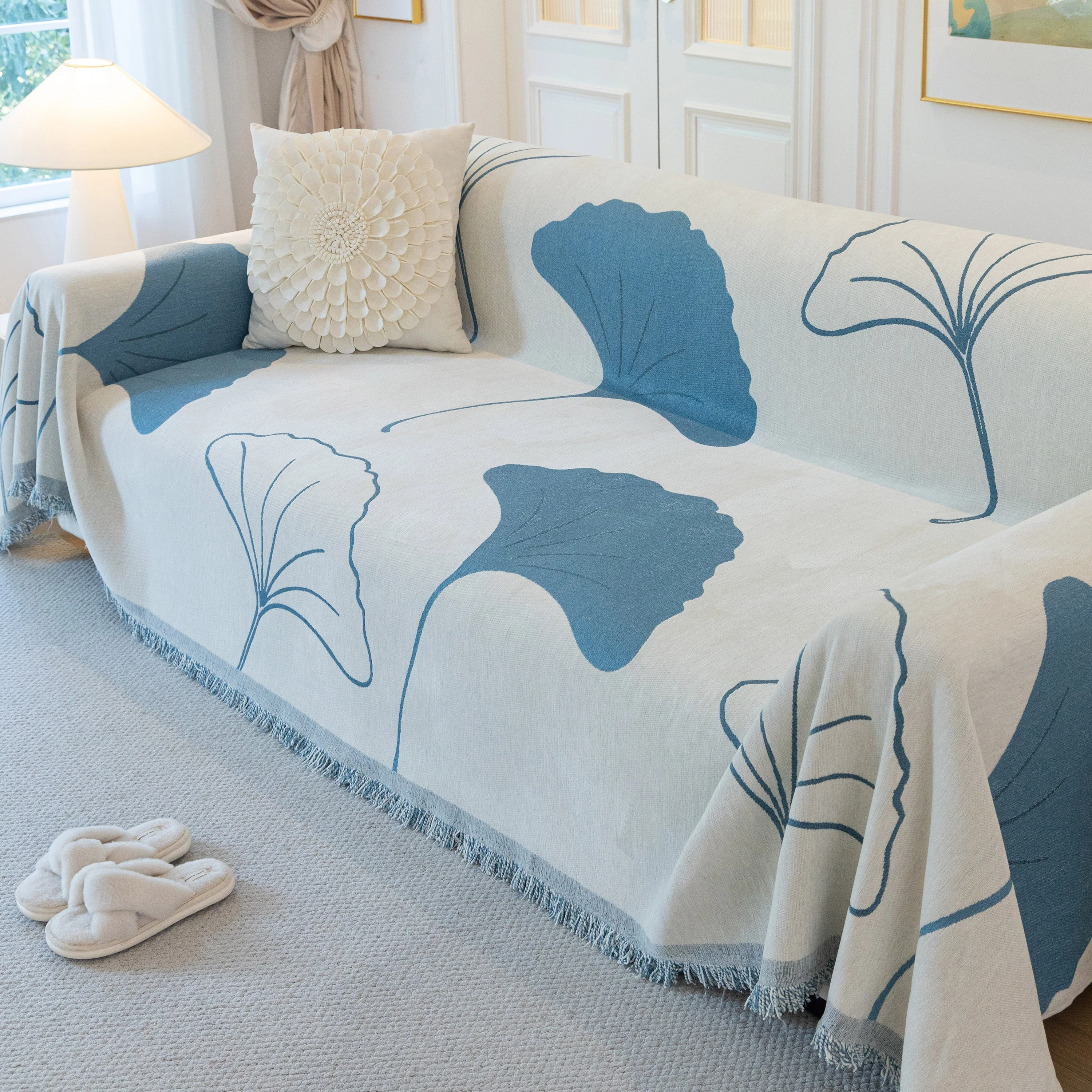 Cozy Couch Throw Blanket with Tassels, Jacquard Leaf Pattern Furniture Protector - Image 57