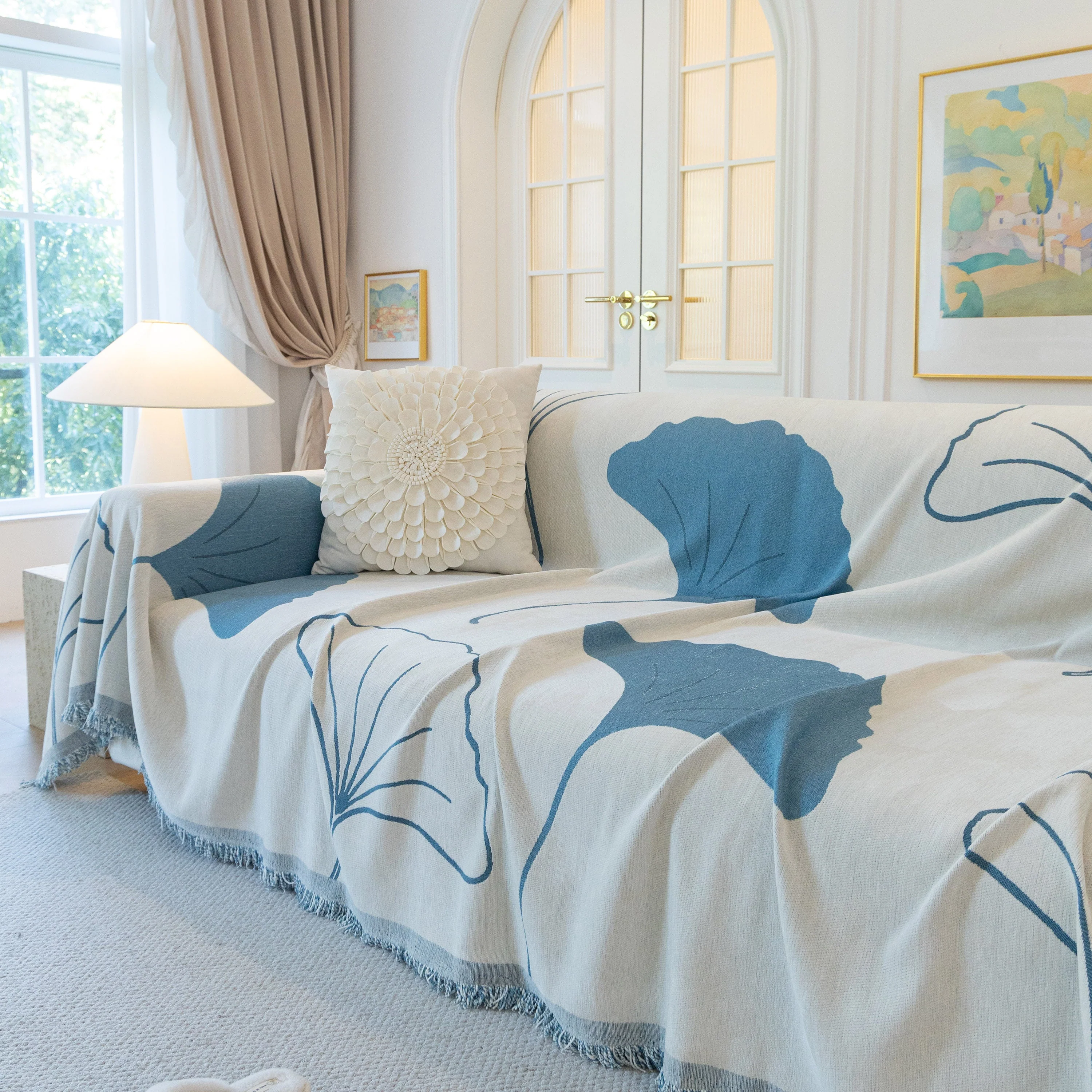Cozy Couch Throw Blanket with Tassels, Jacquard Leaf Pattern Furniture Protector - Image 59