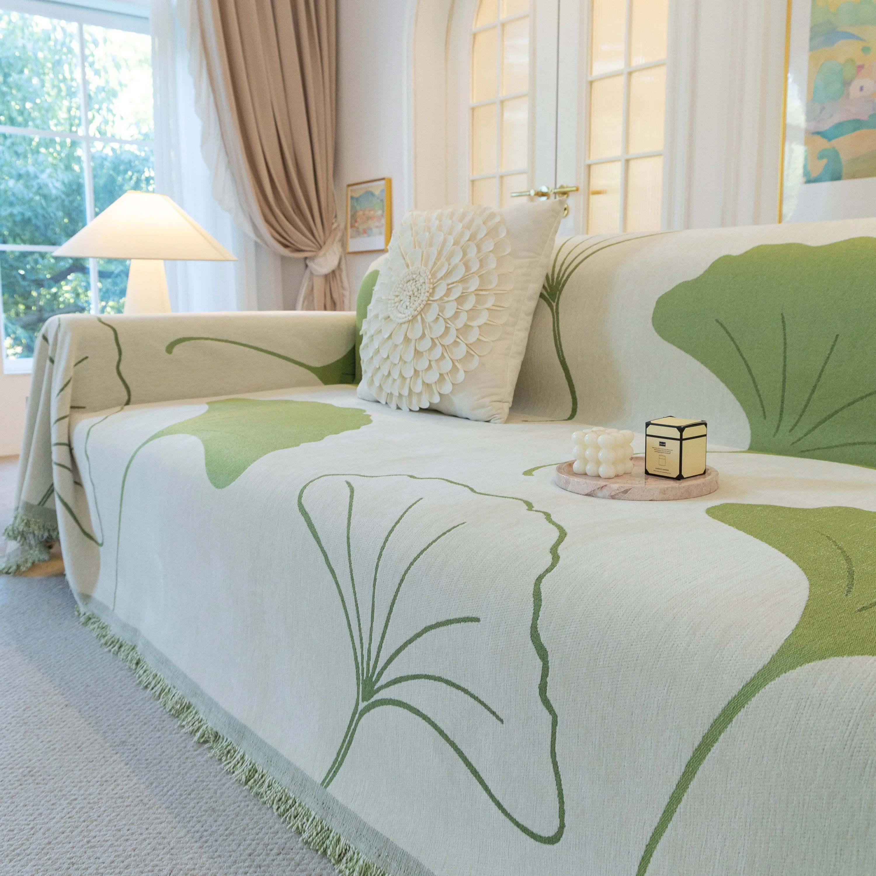 Cozy Couch Throw Blanket with Tassels, Jacquard Leaf Pattern Furniture Protector - Image 6