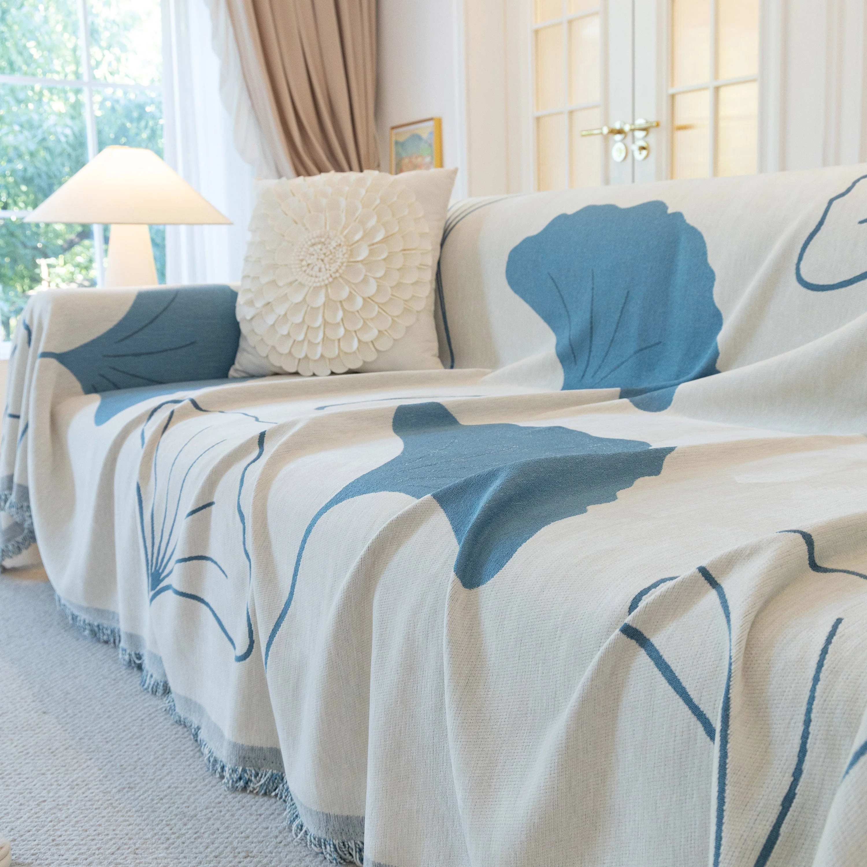 Cozy Couch Throw Blanket with Tassels, Jacquard Leaf Pattern Furniture Protector - Image 60