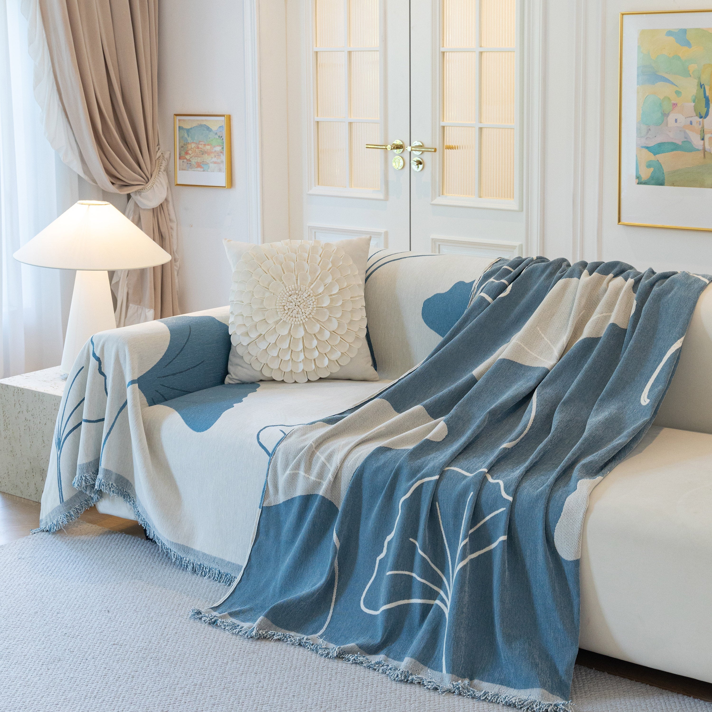 Cozy Couch Throw Blanket with Tassels, Jacquard Leaf Pattern Furniture Protector - Image 62