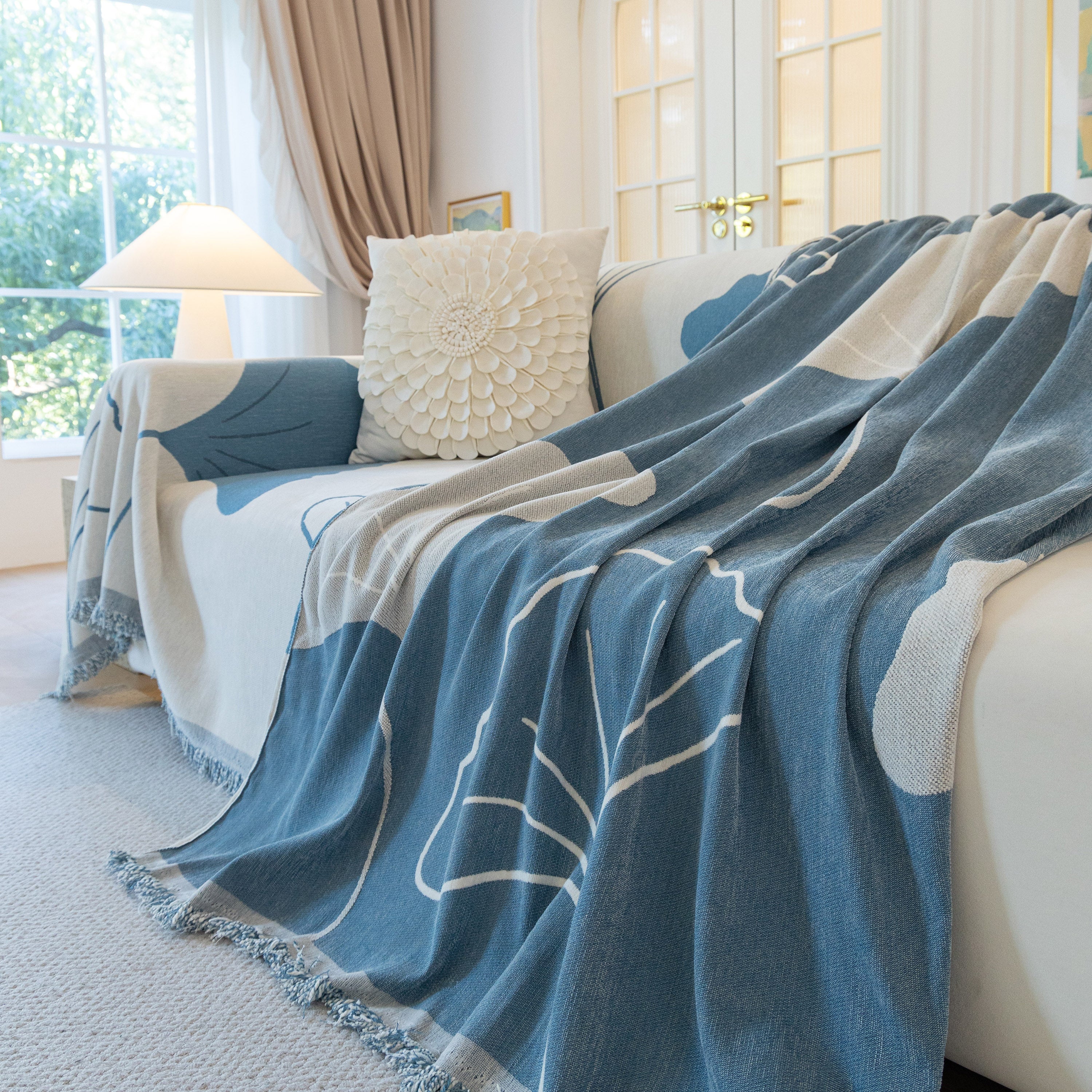 Cozy Couch Throw Blanket with Tassels, Jacquard Leaf Pattern Furniture Protector - Image 63