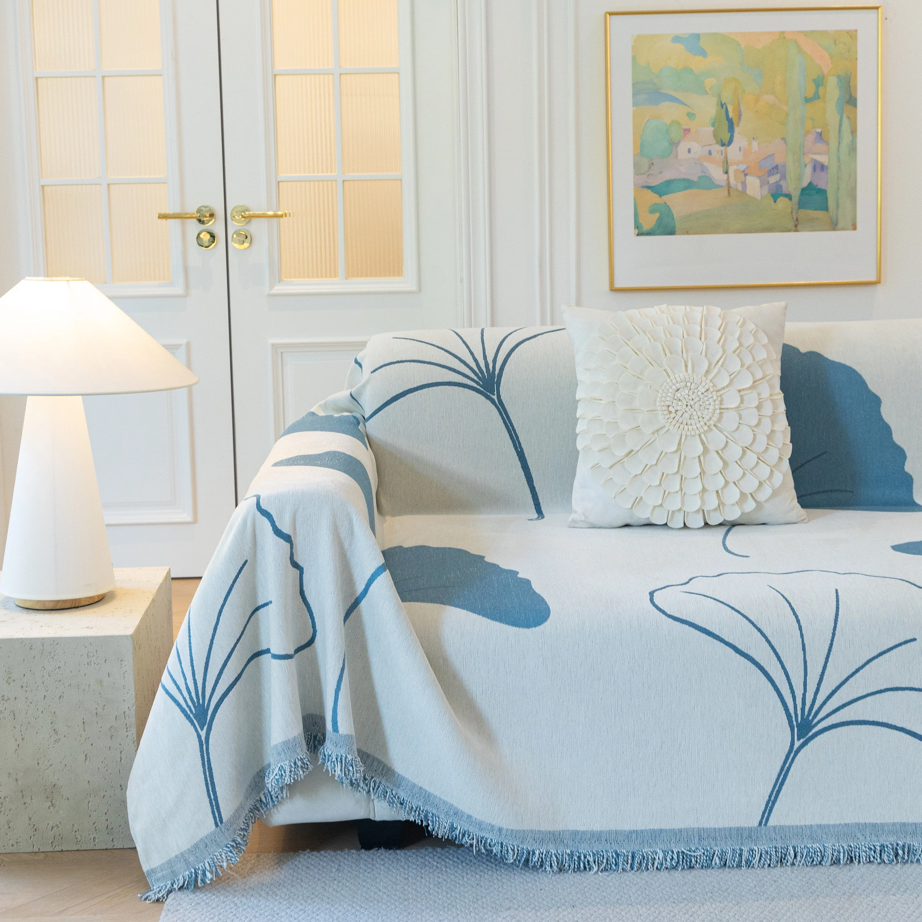 Cozy Couch Throw Blanket with Tassels, Jacquard Leaf Pattern Furniture Protector - Image 68