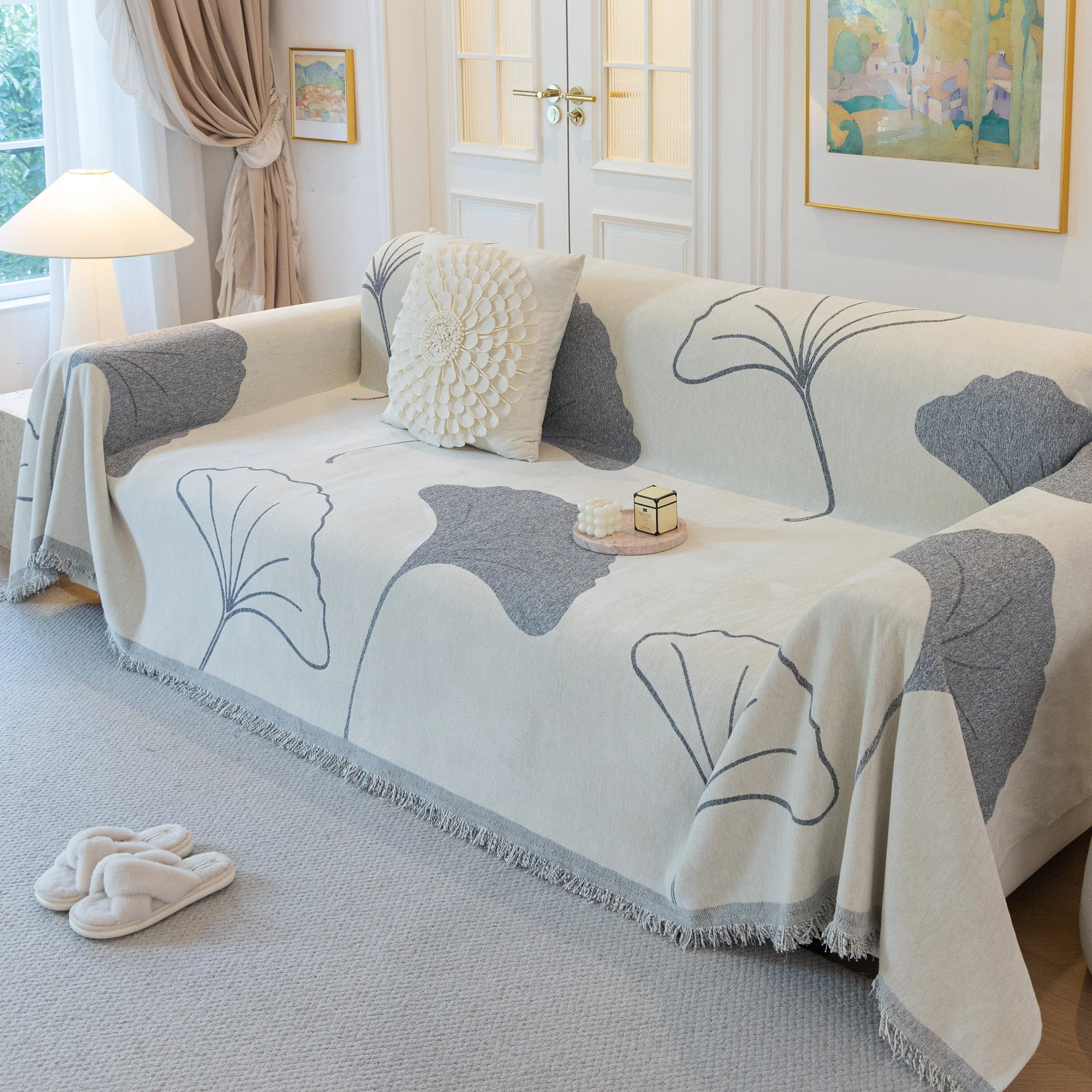 Cozy Couch Throw Blanket with Tassels, Jacquard Leaf Pattern Furniture Protector - Image 70