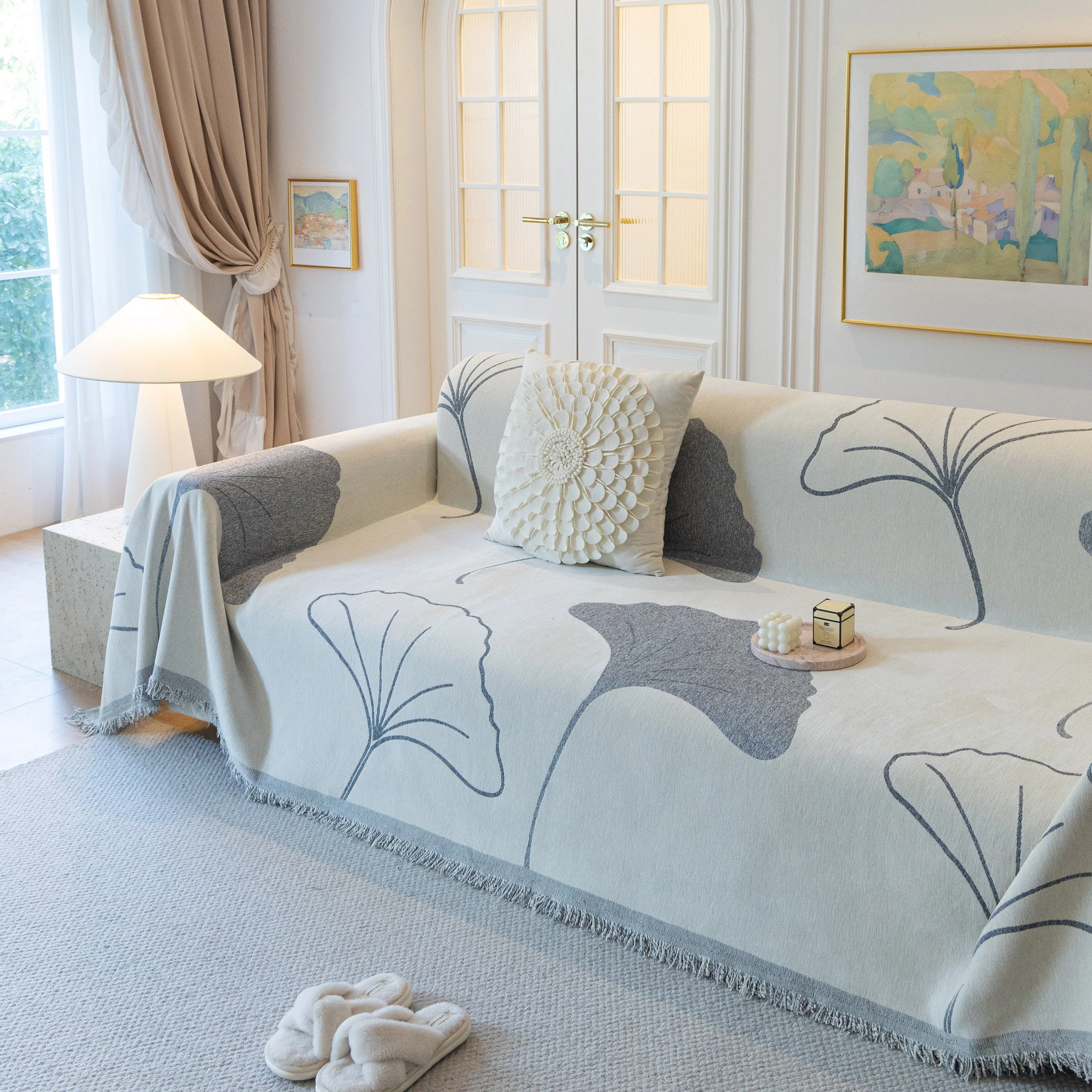 Cozy Couch Throw Blanket with Tassels, Jacquard Leaf Pattern Furniture Protector - Image 72