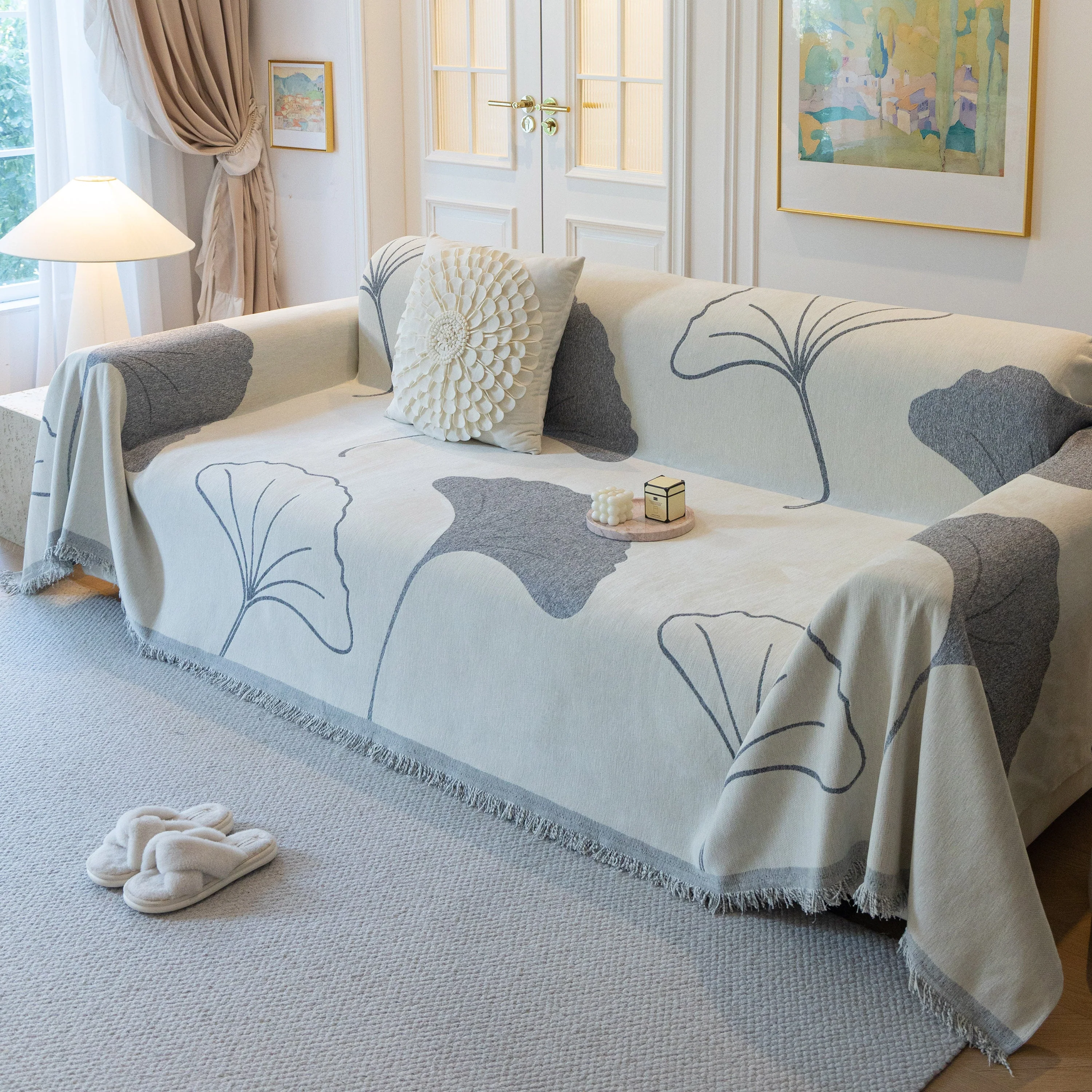 Cozy Couch Throw Blanket with Tassels, Jacquard Leaf Pattern Furniture Protector - Image 73