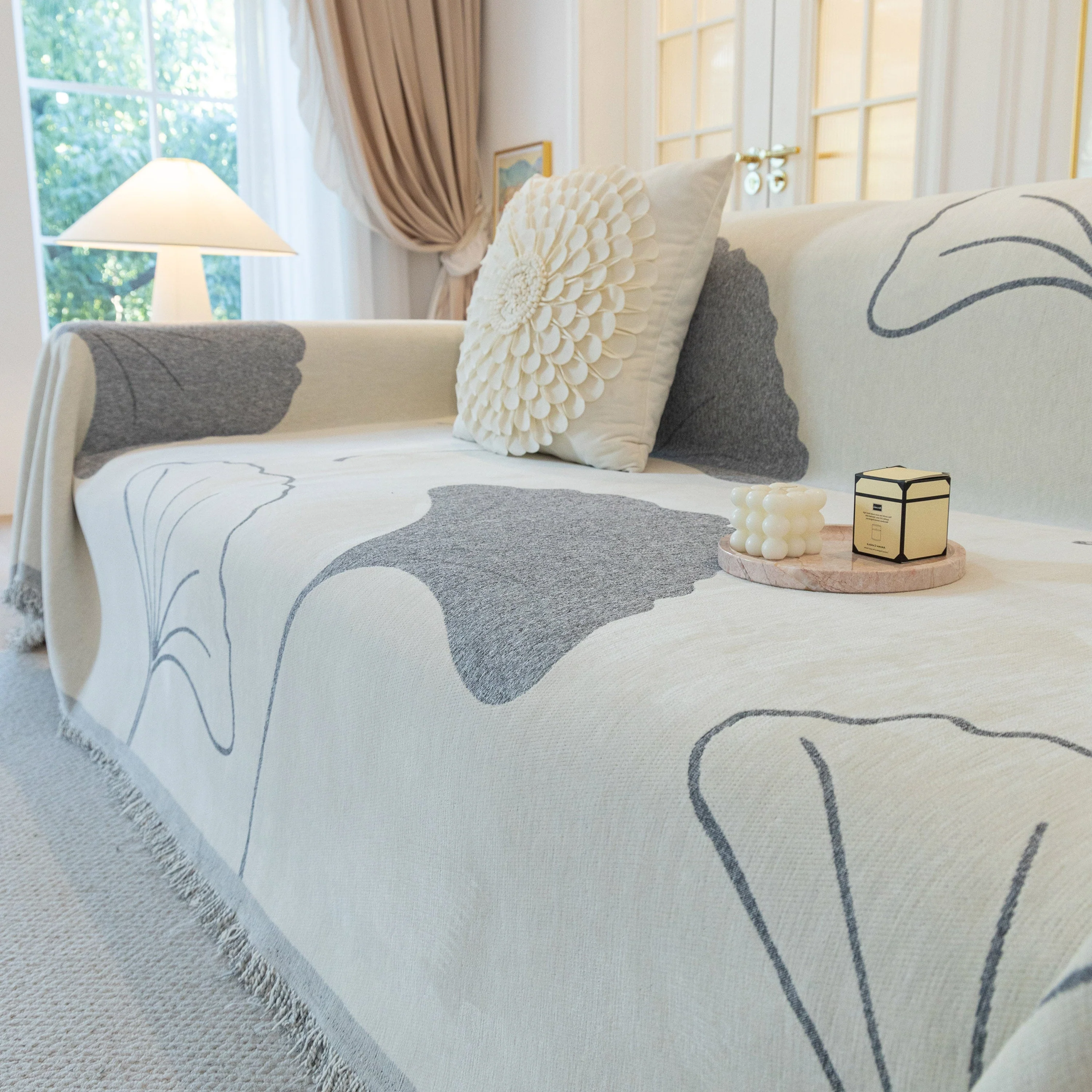 Cozy Couch Throw Blanket with Tassels, Jacquard Leaf Pattern Furniture Protector - Image 77