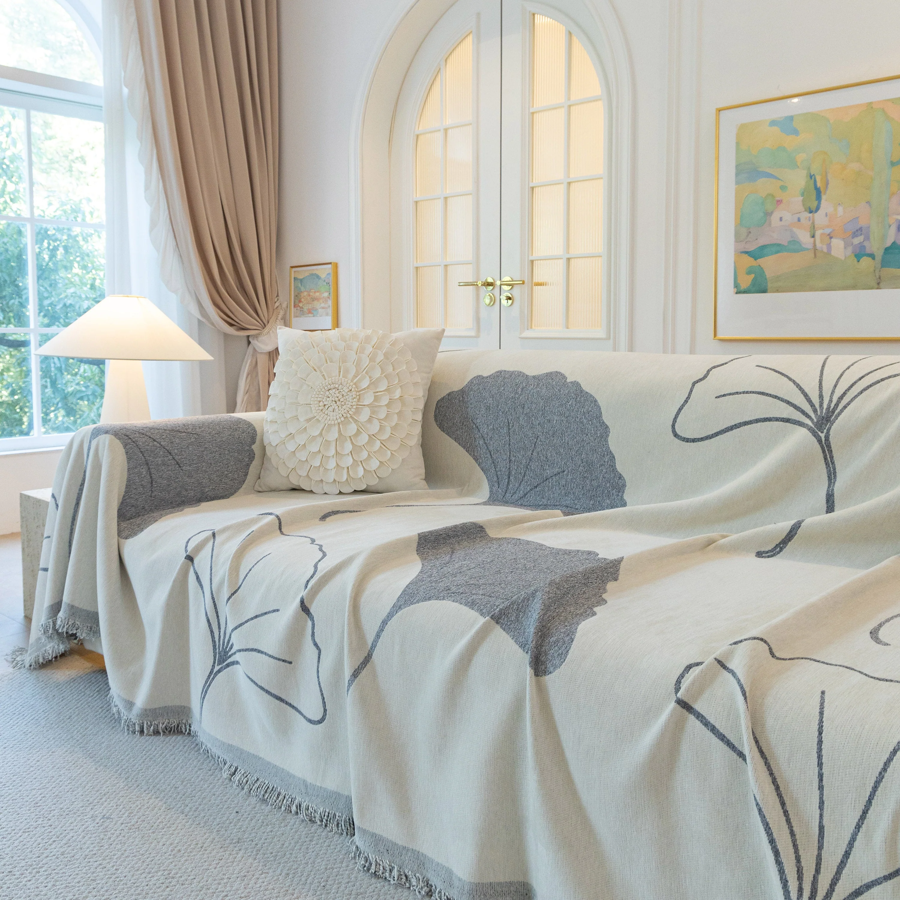 Cozy Couch Throw Blanket with Tassels, Jacquard Leaf Pattern Furniture Protector - Image 79