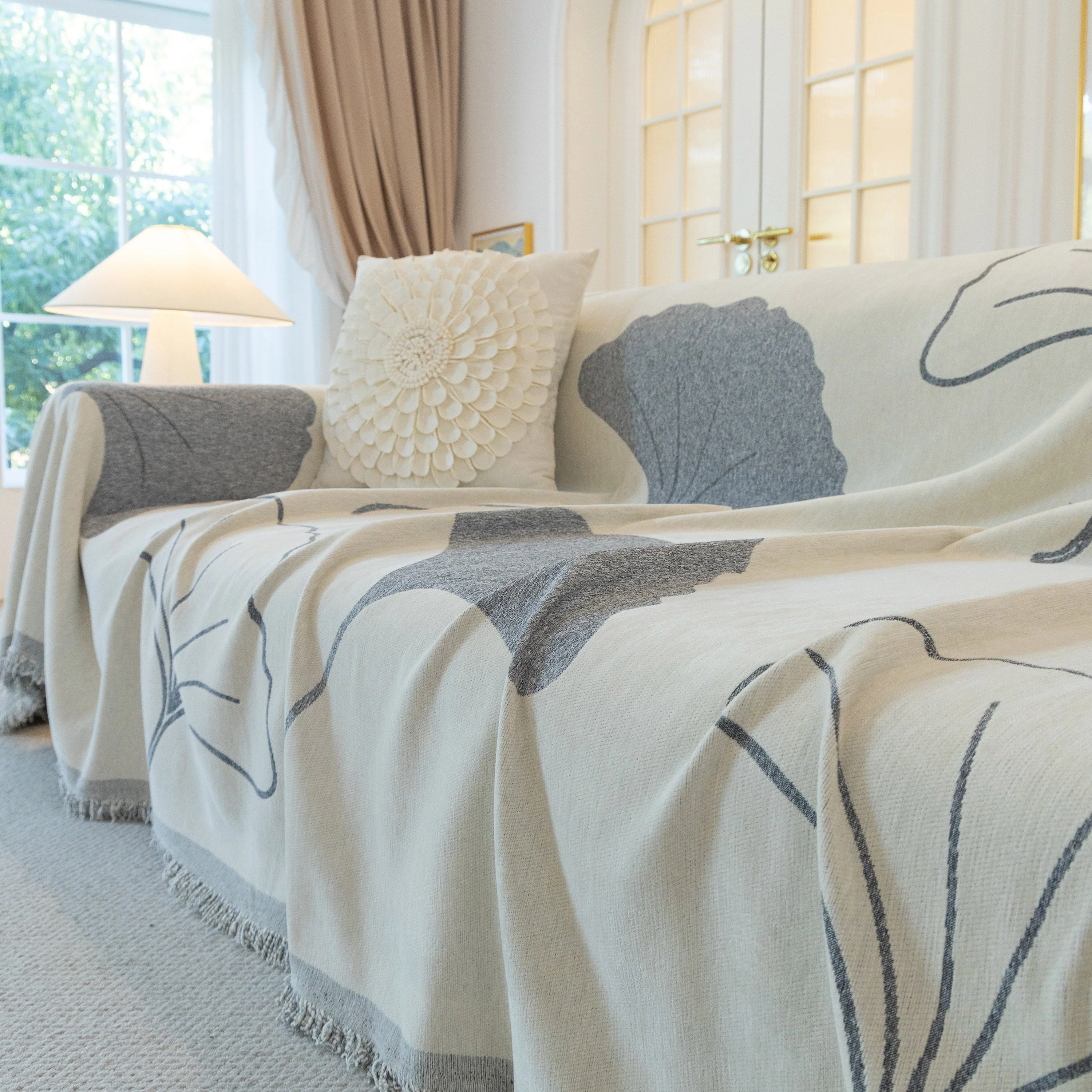 Cozy Couch Throw Blanket with Tassels, Jacquard Leaf Pattern Furniture Protector - Image 80